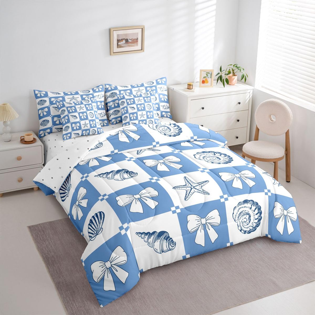 Feelyou Starfish Beach King Comforter Set with Sheets for Kids Boys Girls Ocean Marine 7 Pieces Bedding Set Bow Knot Print Bed in a Bag Shell Room Decor Coastal Beach Ocean Soft Lightweight Microfiber