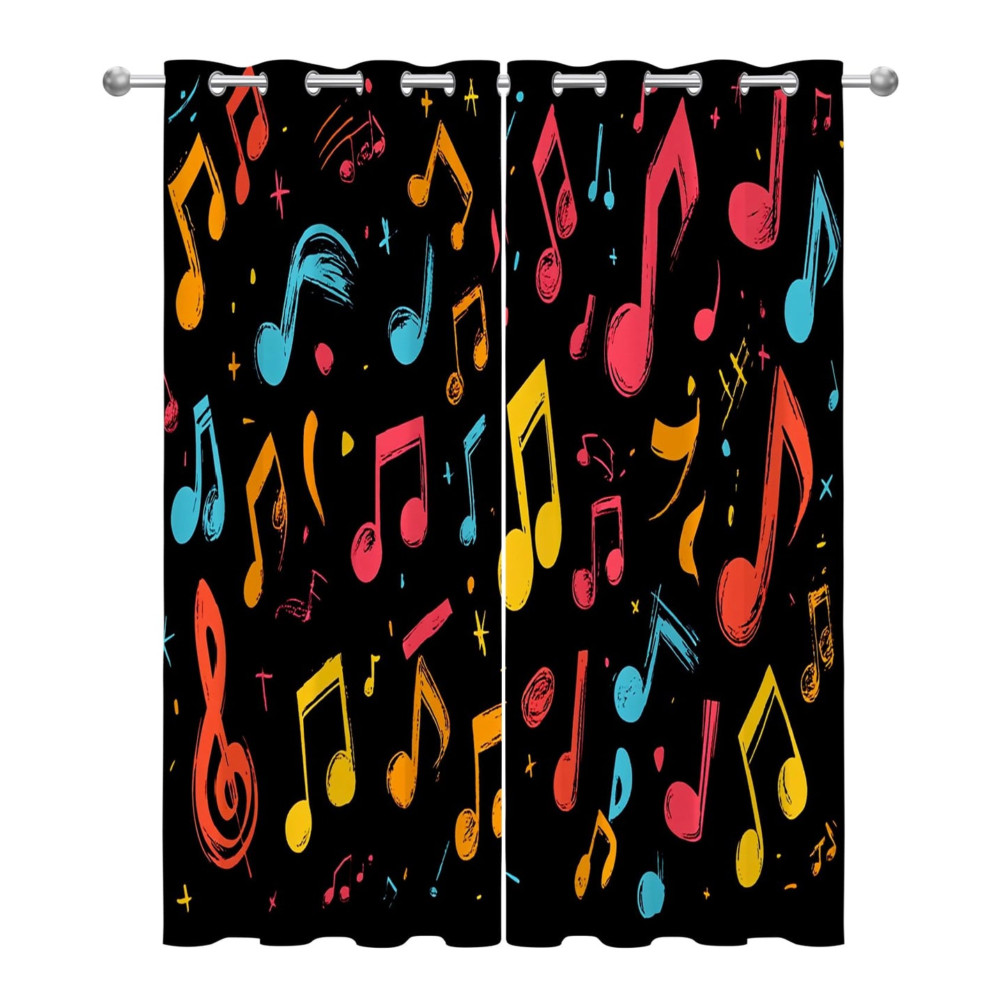Music Curtains Blackout, Colorful Musical Note Patterned Curtains 63 Inch Length 2 Panels Set, Room Darkening Thermal Insulated Grommet Drapes for Bedroom Living Room