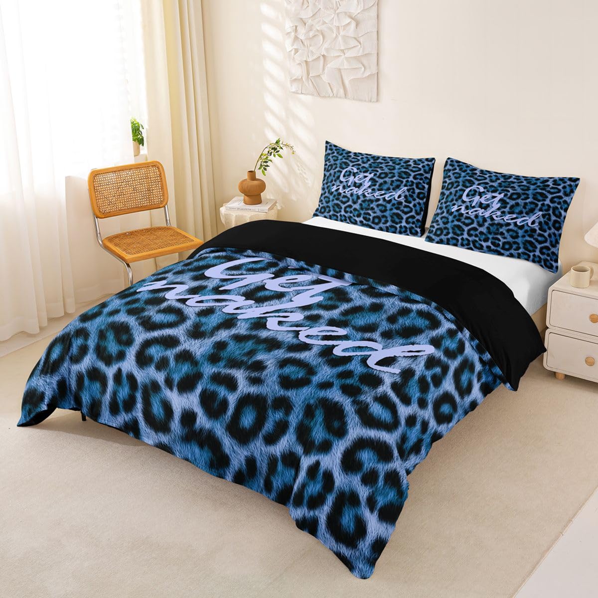 Feelyou Leopard Print Get Naked Duvet Cover King Size Funny Quotes Comforter Cover for Boys Girls Blue Black Bedding Set 3Pcs Cheetah Room Decor
