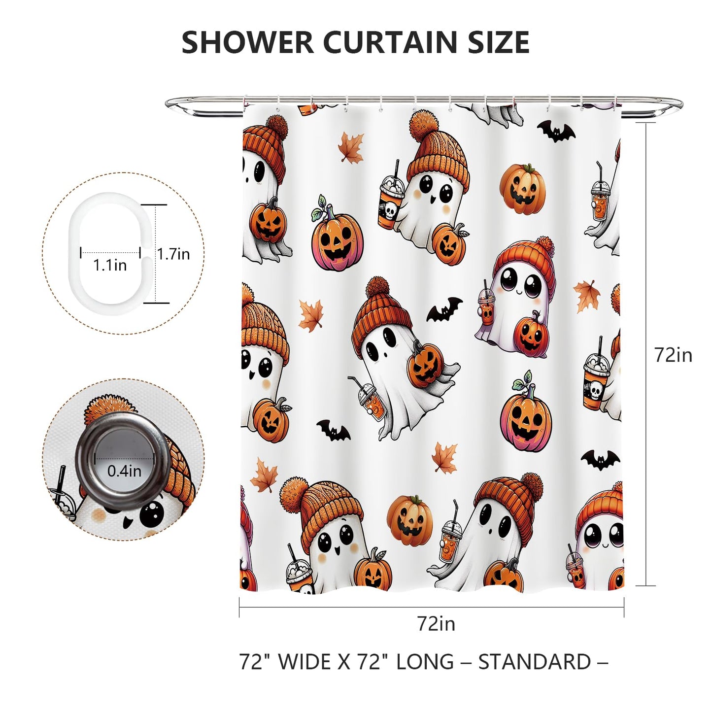 MEHOFOND Halloween Shower Curtain Cute Ghost Shower Curtain Pumpkin Maple Leaves Bat Spooky Halloween Festival Holiday Bathroom Decor Waterproof Fabric Washable with Hooks 72x72 in(White)