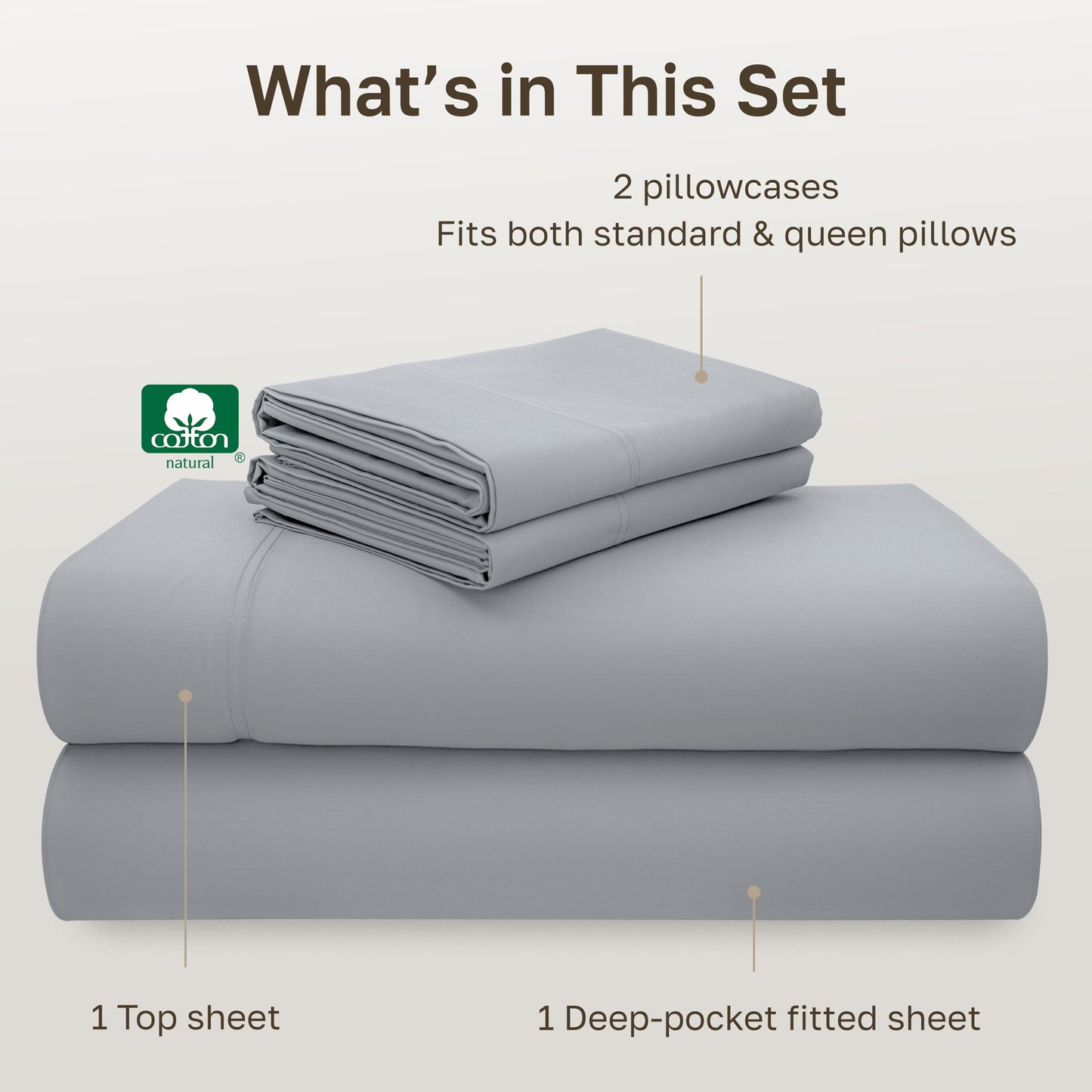California Design Den - Luxury Full Size Sheet Set - 100% Cotton, 600 Thread Count Deep Pocket Full Size Bed Sheets, Sateen Weave - Light Grey