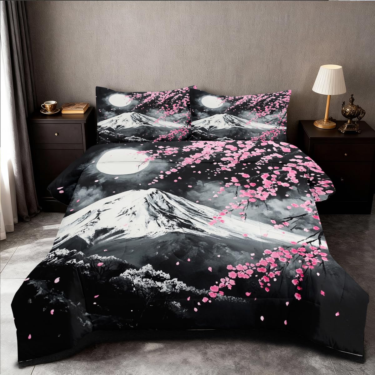 CCoutueChen Japanese Cherry Blossom Comforter Set Queen Grey Pink Floral Bedding Set for Japan Decor Mount Fuji Bedding Soft Lightweight Comforter Sets with 2 Pillowcases