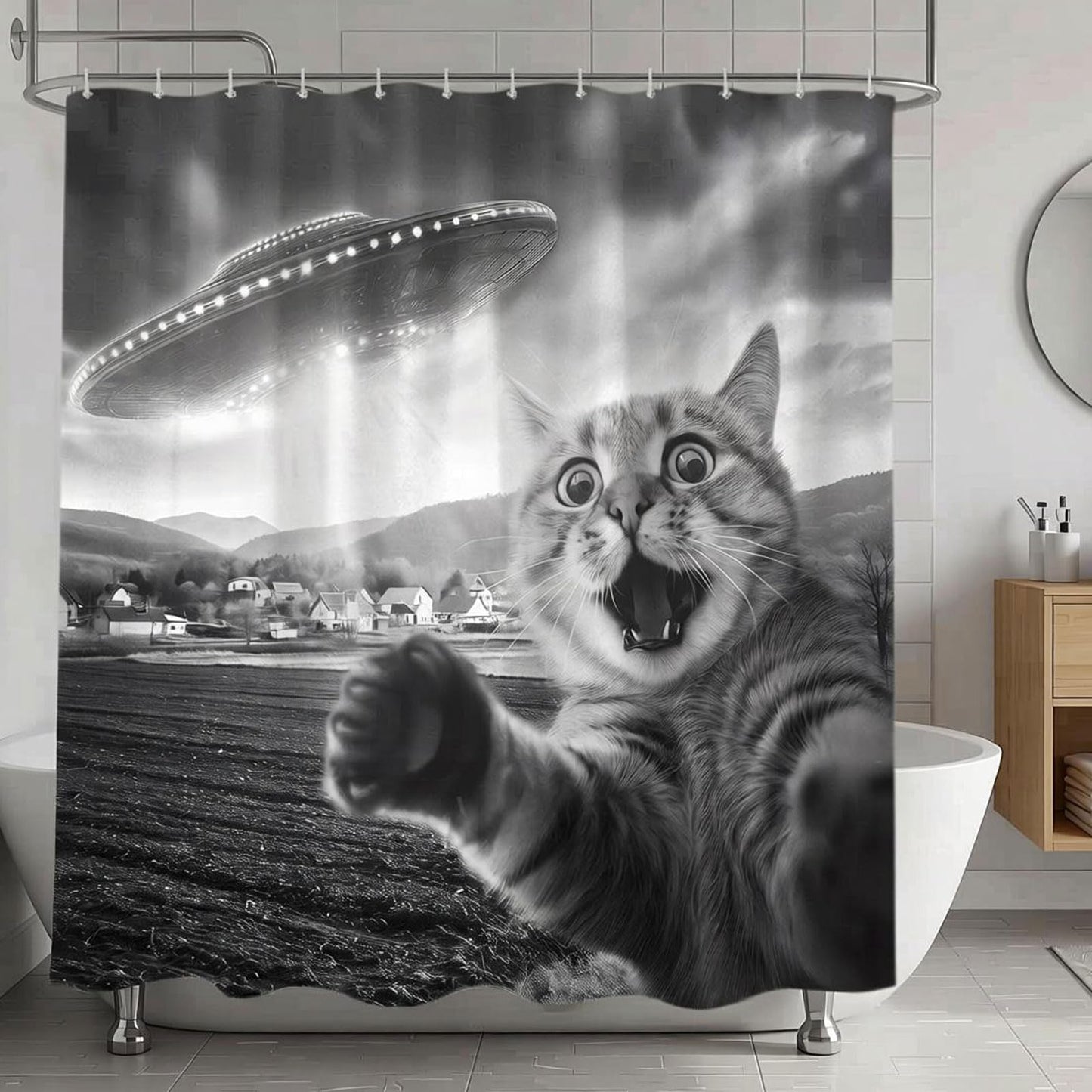 Bonriva Funny Cat Black and White Shower Curtain, Fun Animal Cool Novelty UFO Unique Retro Fabric Decorative Shower Curtains Set for Teen Boys Men Bathroom Bath Decor with Hooks 72 X 72 Inch
