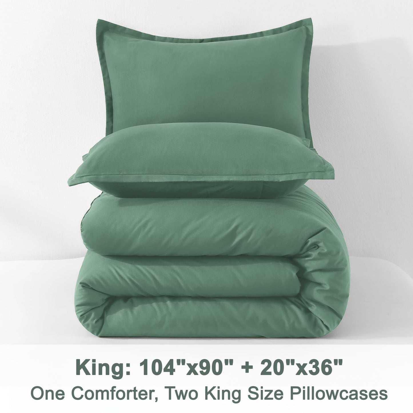 Litanika Comforters King Size Haze Green, 3 Pieces Lightweight Solid Bedding Set & Collections, All Season Fluffy Bed Set (104x90 Inches Comforter & 2 Pillowcases)