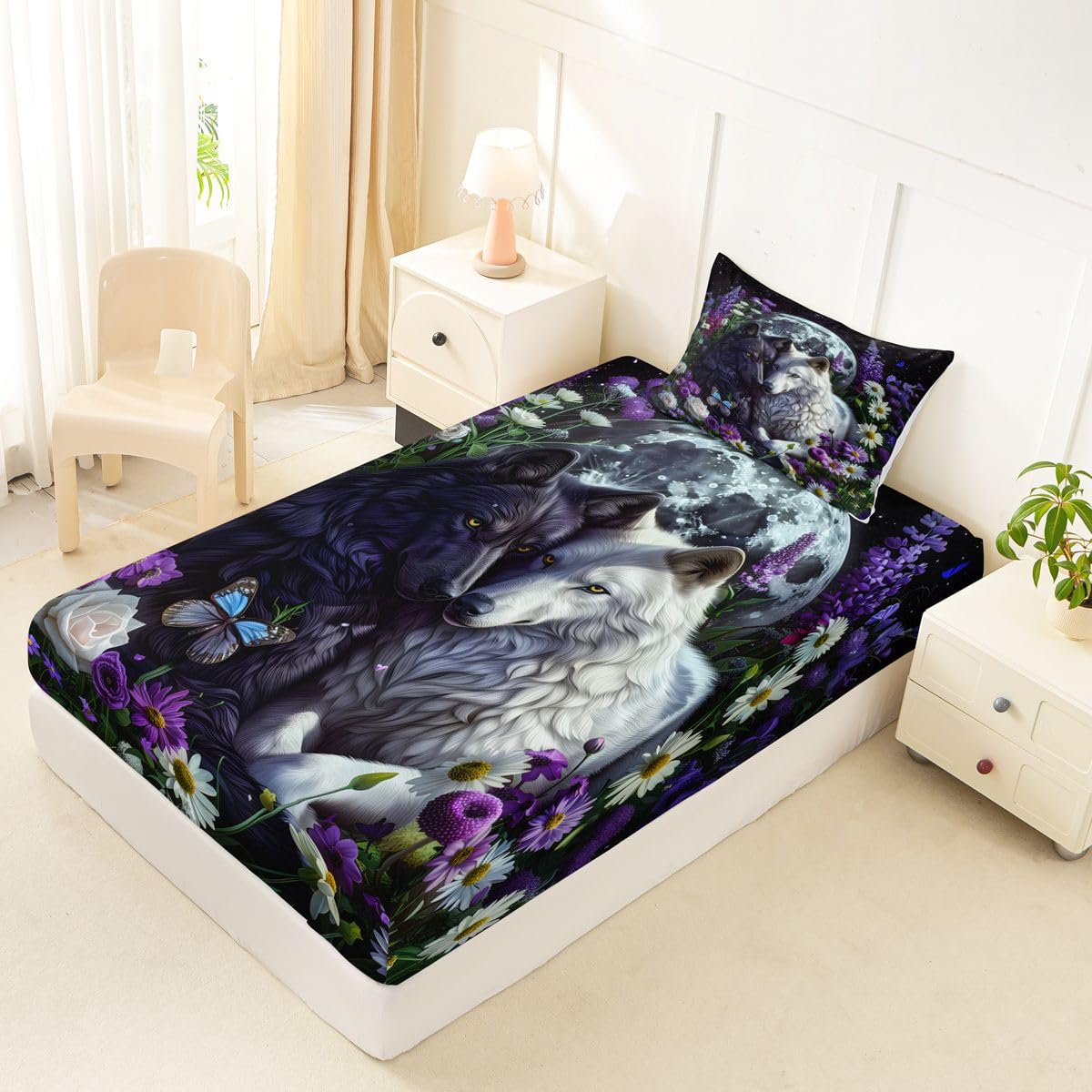 Feelyou Wolf Fitted Sheet with 1 Pillowcase Twin Size Halloween Themed Bed Sheets Set 16" Deep Pocket Boys Girls Trick or Treat Bedding Teens Bedroom Decor Breathable Soft Lightweight Microfiber