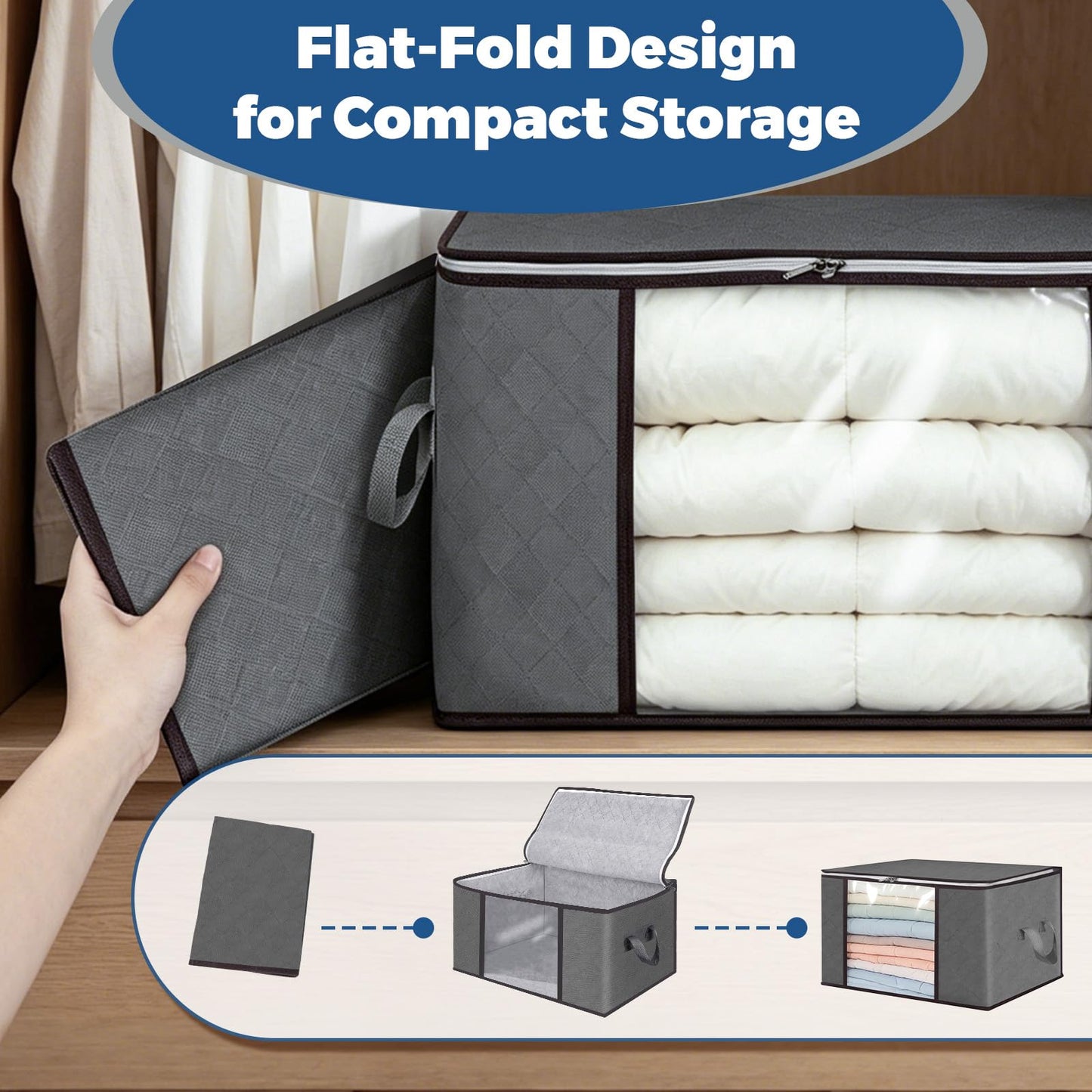 Pterying 8Pack Closet Organizers and Storage Bags with Clear Window & Reinforced Handle, Foldable Clothes Storage Bins with Zippers for Comforter, Blankets, Bedding