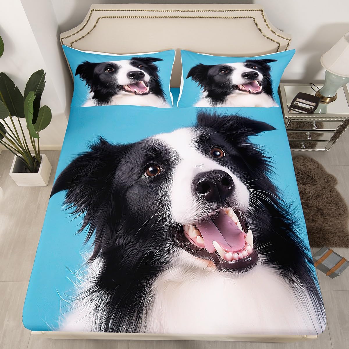 Feelyou 3D Dog Sheets Cute Border Collie Printed Bed Sheet Set Puppy Bedding Set for Kids Boys Girls Animal Theme Fitted Sheet Bedroom Collection 3Pcs Full Size
