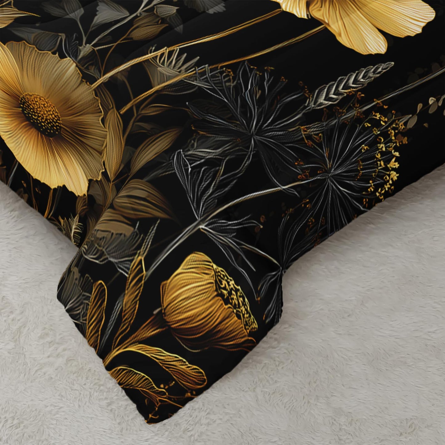 AILONEN Dark Meadow Full Comforter Set 3 Piece, Yellow Poppy Bedding Pack, Dandelion Stem Art, Guest Bedroom, 2 Pillowcases