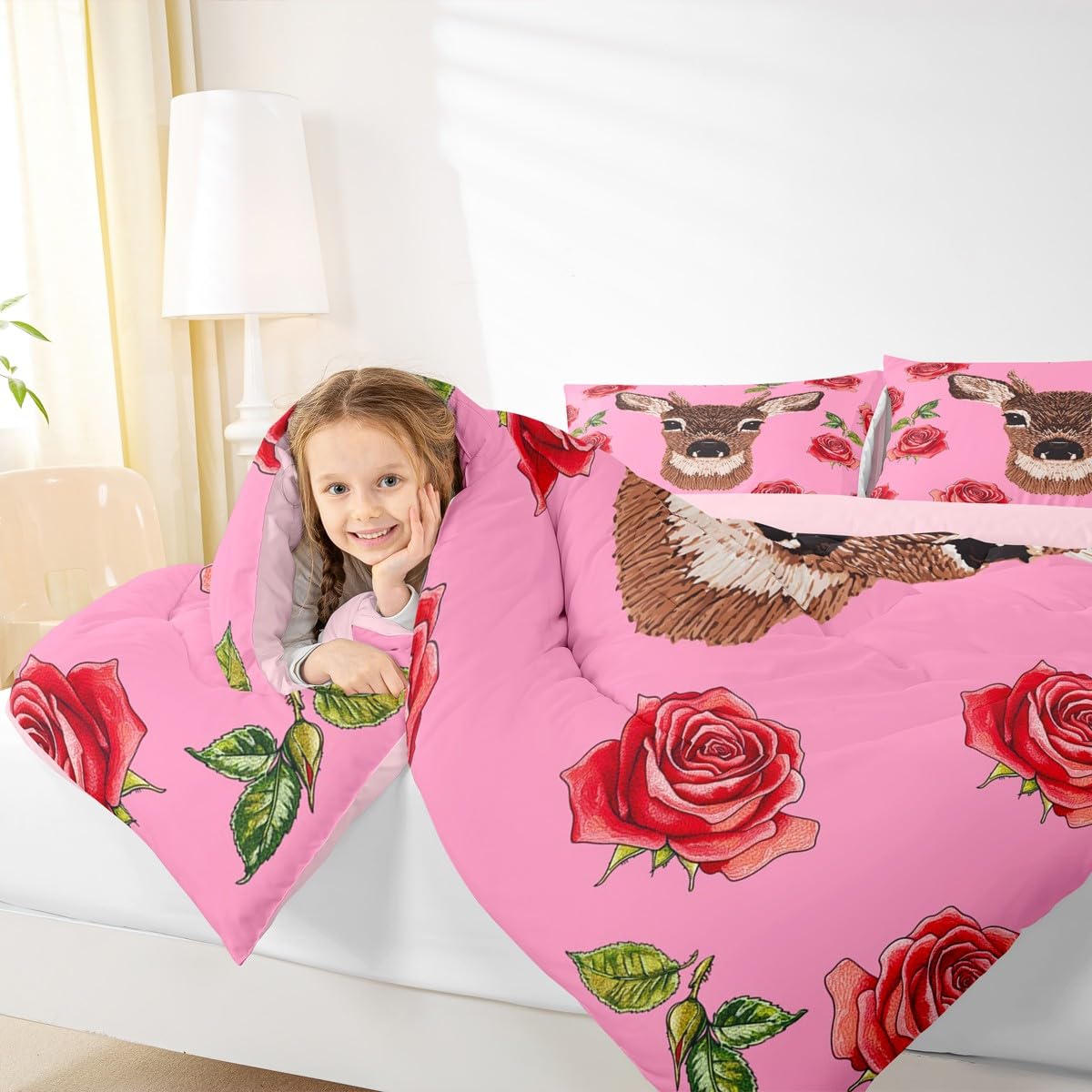 Erosebridal Cute Deer Comforter Set Twin Size Cartoon Flowers Bedding Set for Kids Girls BoysRomantic Pink Roses Comforter Garden Love Quilt Bedroom Decor
