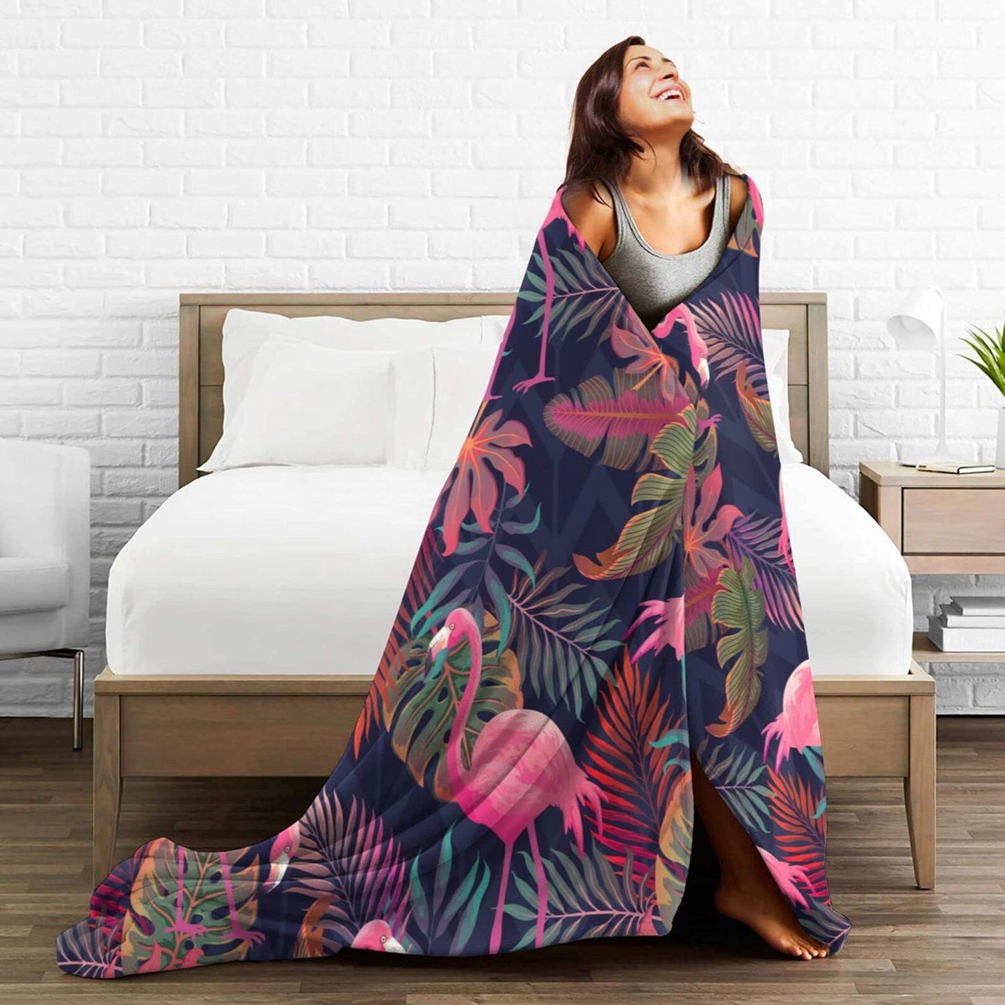 Perinsto Tropical Flamingos with Palm Leaves Throw Blanket Ultra Soft Warm All Season Decorative Fleece Blankets for Bed Chair Car Sofa Couch Bedroom 50"X40"