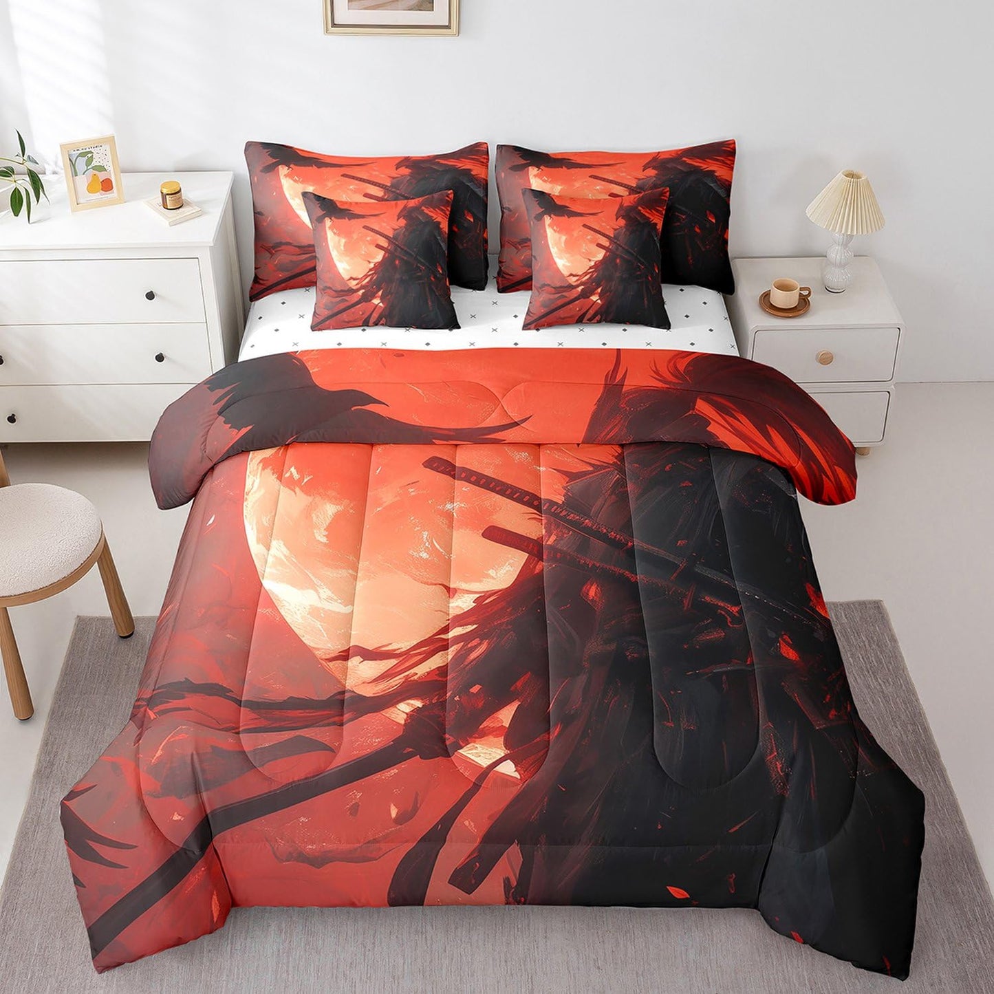7 Pieces Twin Size Japan Samurai Comforter Set,Japanese Ukiyo-e Soldier Sword Bedding Set for Boys Men,Moon Crow Bird Animal Rustic (Comforter+Fitted+Flat Sheet+2 Pillowcases+2 Throw Pillow Covers)