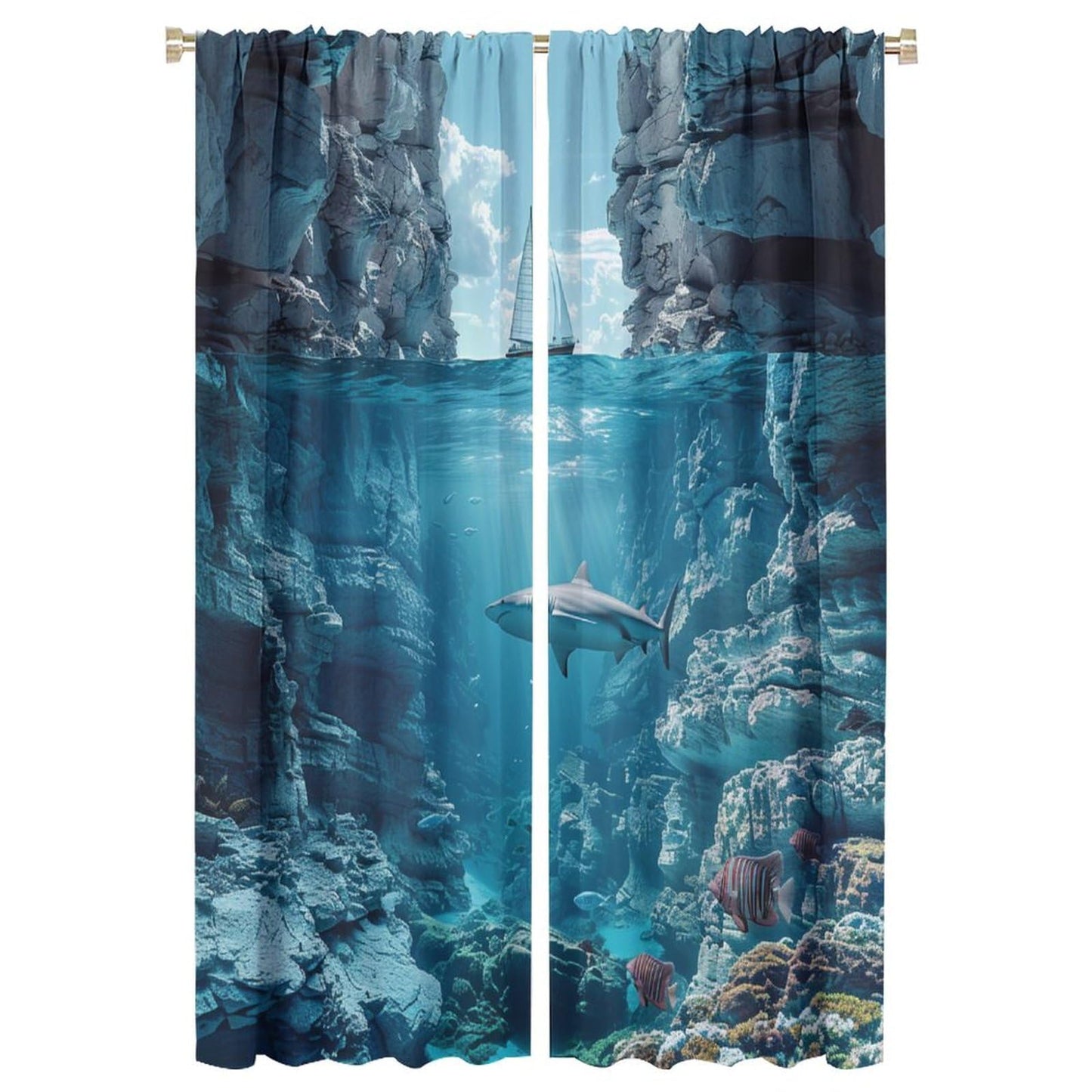 TOWINSFB Nautical Sailboat Shark Blackout Curtains for Living Room Bedroom, Ocean Rock Coral Fish Scenery Window Curtains Rod Pocket Thermal Insulated Window Drapes, 2 Panels, Each 21W x 63L