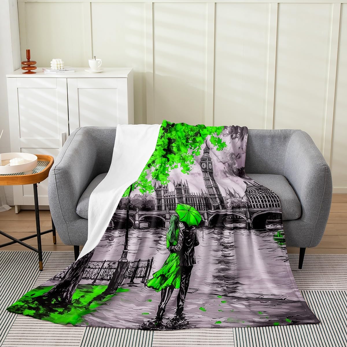 Erosebridal London Cityscape Artwork Flannel Blanket Throw 50x60 Inch Adults Oil Painting Big Ben Fleece Blanket for Women Romantic Couple Fuzzy Plush Throw Aesthetic Neon Green Cherry Blossom Decor