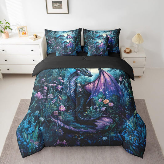 Feelyou Dragon Comforter Set with Sheets Twin Size Dragon Stuff Bed in a Bag for Boys Girls Teens Wild Life 7 Pieces Bedding Set Jungle Dragon Bed Set Room Decor Balck Blue