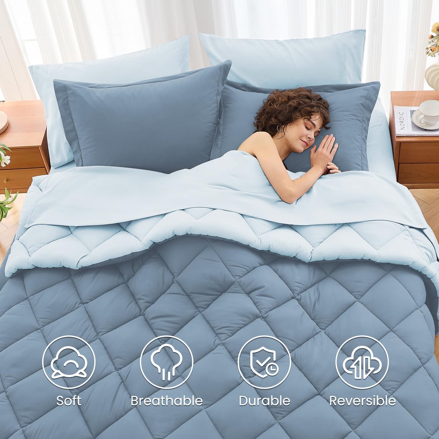 MUXHOMO 7 Pieces California King Comforter Set, Reversible Bed in a Bag Cal King Size, All Season Bedding Set with Comforter, Flat Sheet, Fitted Sheet, Pillowcases & Shams, Mineral Blue & Light Blue