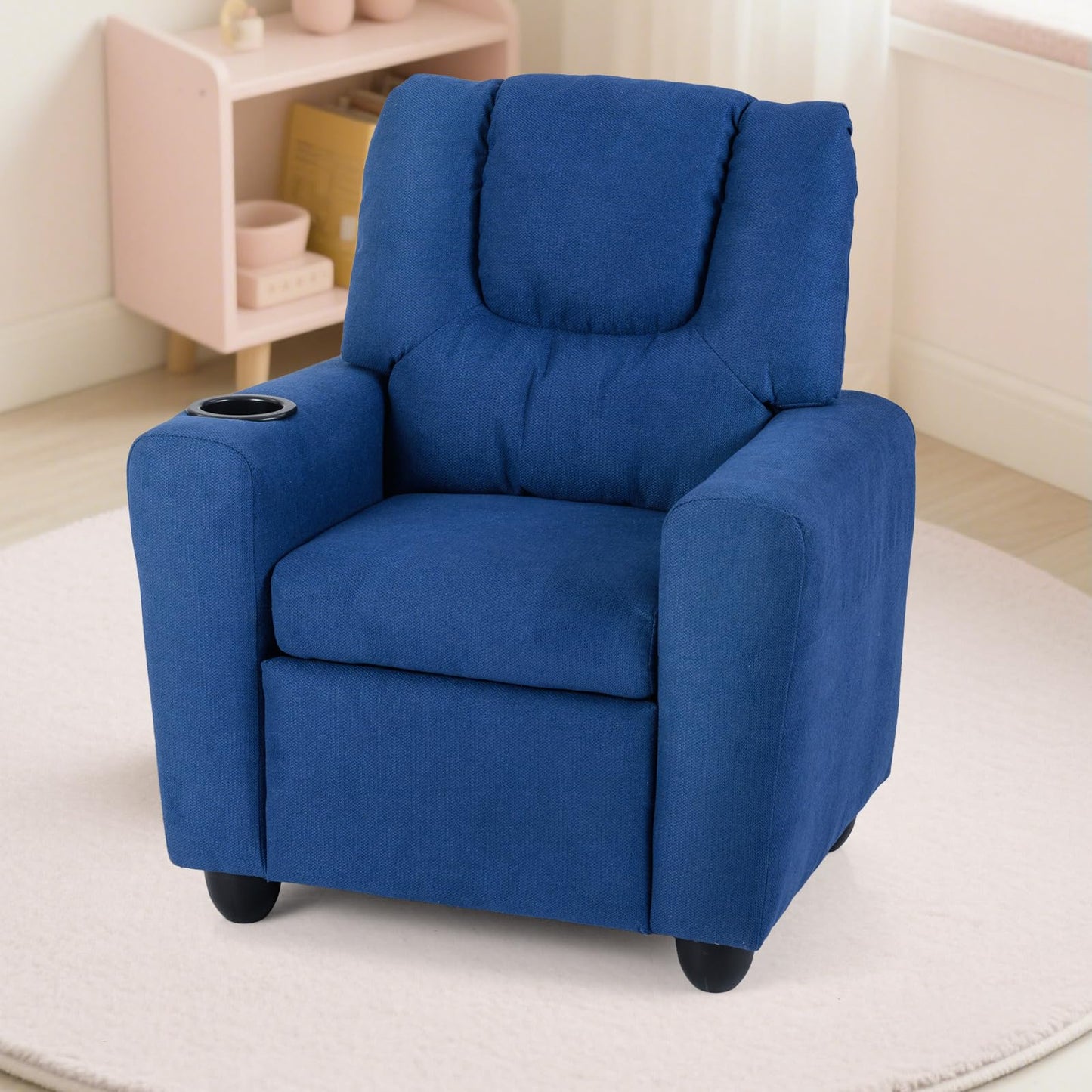 CHEFJOY Kids Recliner, Toddler Lounge Chair w/Cup Holder, Wide Armrest, Kids Sofa w/Adjustable Footrest, Comfy Toddler Recliner Chair for for Boys & Girls 3 + (Fabric, Blue)