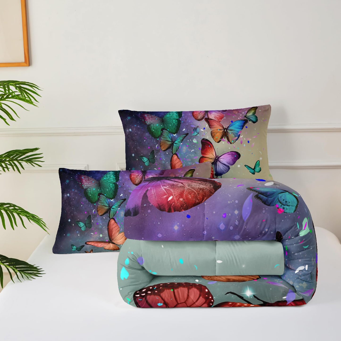 lneffble Colorful Butterfly Bed Comforter Set,Rainbow Butterfly Comforter Set Full for Boys Girls,Dreamy Butterfly Galaxy Gradient Print Bedding Set,Soft Microfiber Quilt Set with 2 Pillowcase