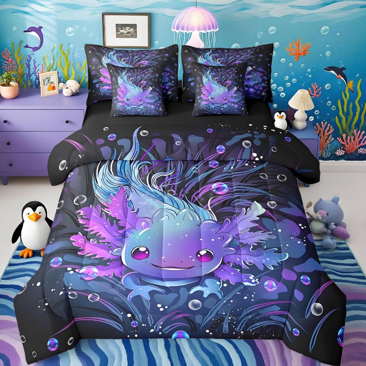 Feelyou Cute Axolotl Bed Set Boys Girls Queen Size Salamander 7 Pieces Bedding Set, for Women Men Ultra Soft Reptile Animal Bed in a Bag with Comforter, Sheets, Pillowcases Ocean Sealife Room Decor