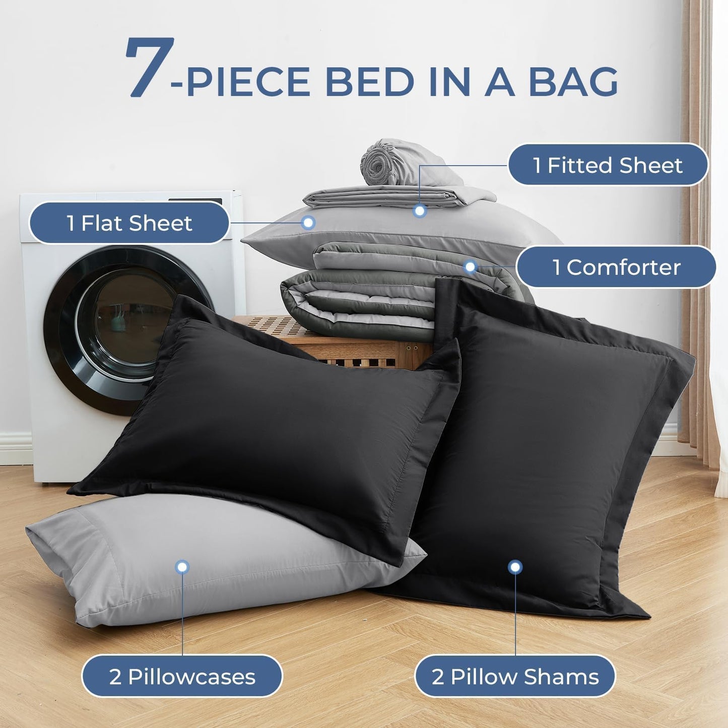 Sasttie King Size Comforter Set, 7 Pieces Bed in a Bag King, Complete Bedding Set Includes Comforter, Flat Sheet, Fitted Sheet, Pillowcases and Pillow Shams, Black & Light Grey