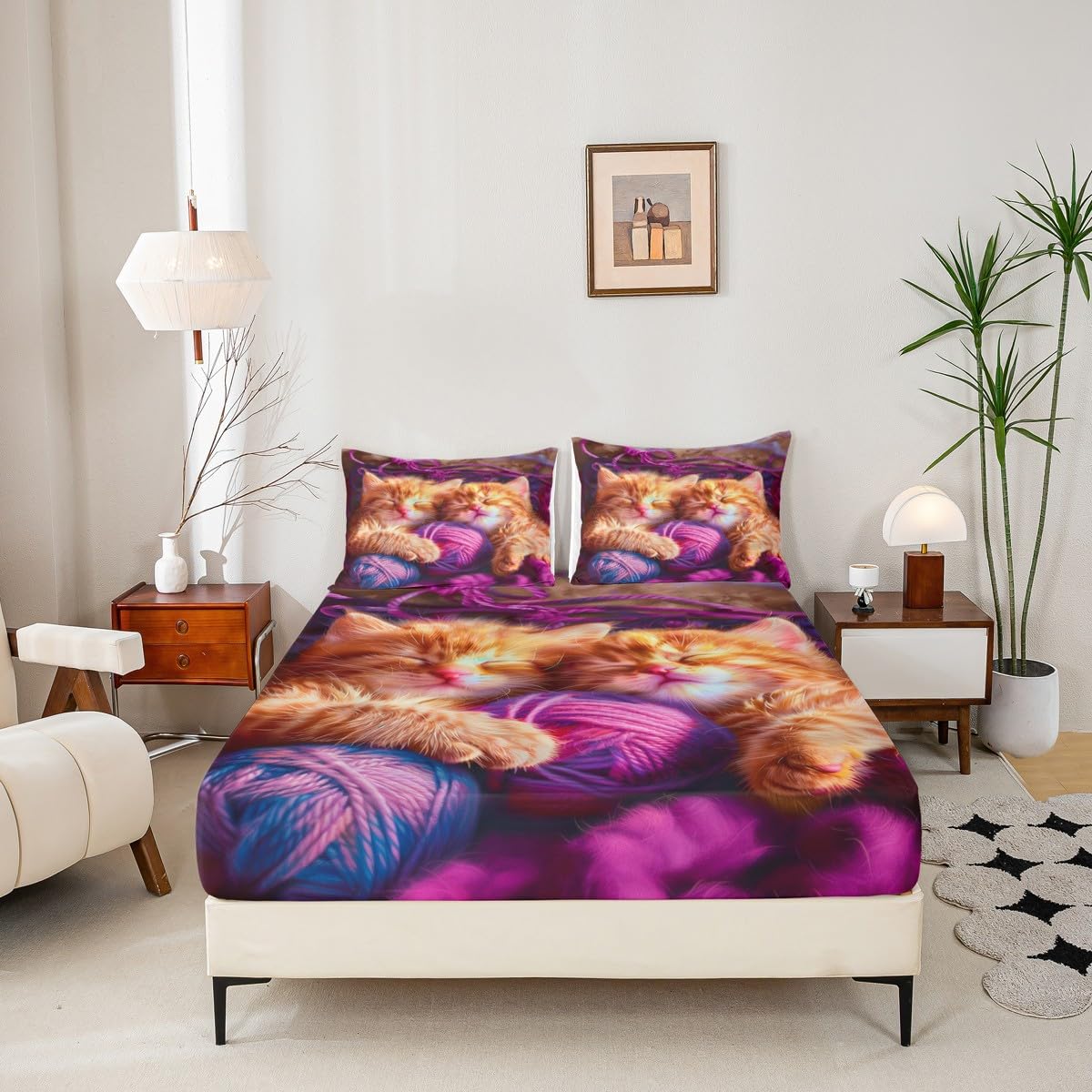 jejeloiu Cats Print Fitted Sheet with 1 Pillowcase Twin Size Purple Bed Sheets Set 16" Deep Pocket Boys Girls Cute Kitten Bedding Animal Teens Bedroom Decor Breathable Lightweight Microfiber