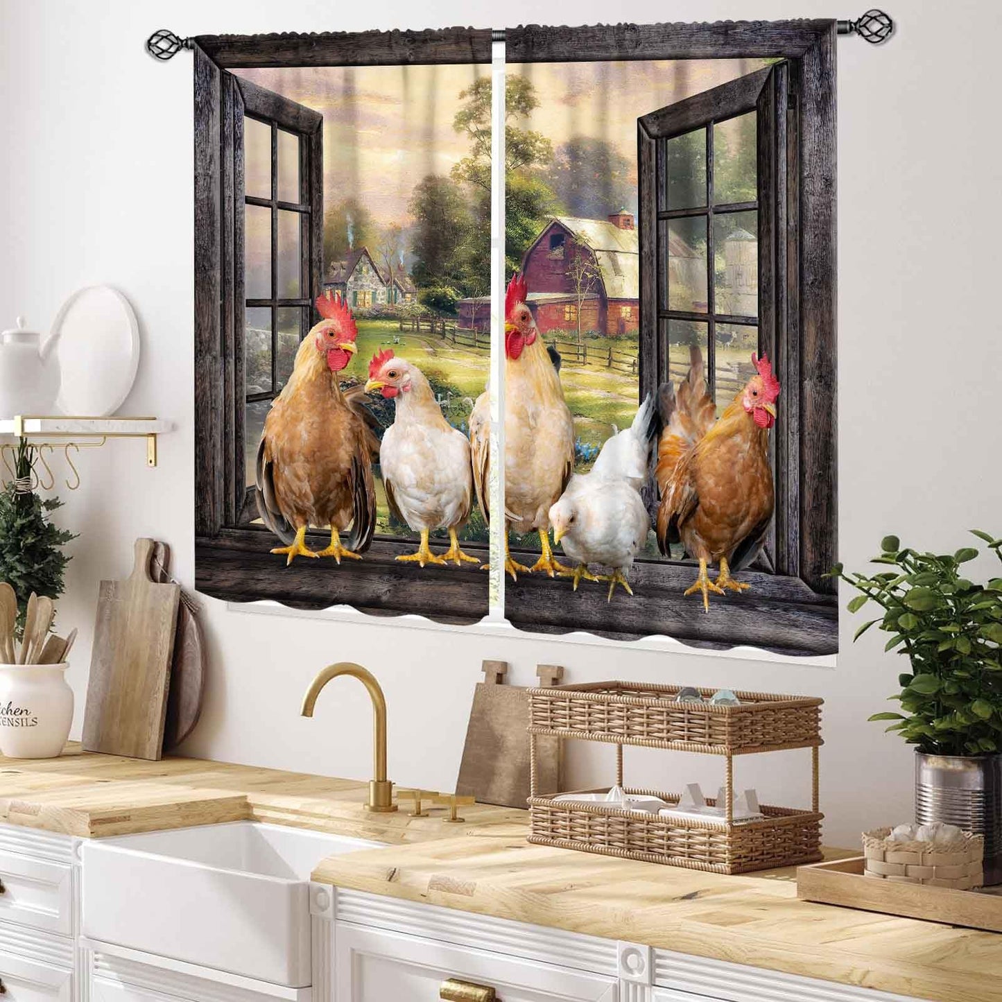 Rooster Kitchen Curtains, Farmhouse Country Farm Animal Rural Rustic Chicken Pattern Printed Blackout Small Short Window Drapery Treatments for Bedroom Living Room Dining Room 2 Panels, 55x39 Inch