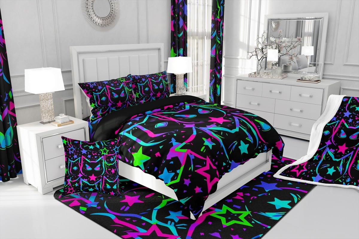 Erosebridal Cartoon Cat Bedding, Black Cat Comforter Set for Kids Girls Boys Teens, Ombre Glowing Neon Stars Down Comforter, Kawaii Kitten Duvet Insert, Gradient Galaxy Quilt, Queen