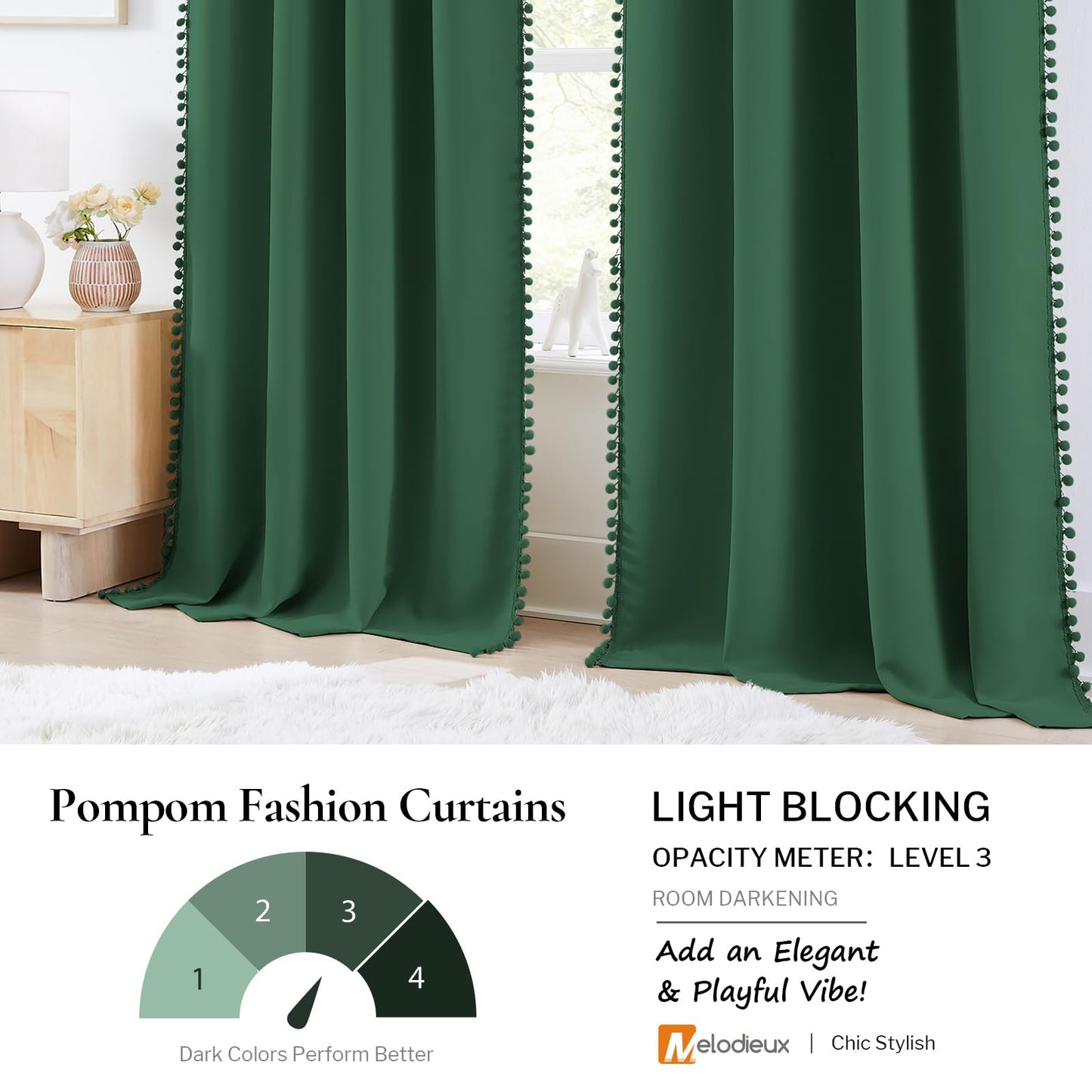 Melodieux Green Pom Pom Blackout Curtains 84 Inches Long for Bedroom, Boho Black Out Curtains 2 Panels for Living Room, Rod Pocket Kids Girls Nursery Drapes Elegant Cotton Textured, 52" W x 84" L