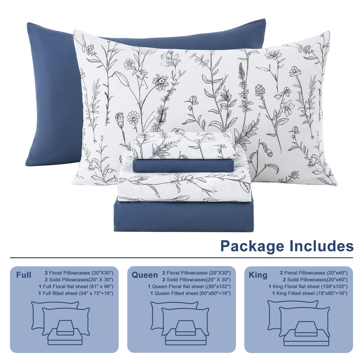 Swiftify Botanical Full Size Sheets Set 6-Piece, Boho Floral Brushed Microfiber Sheets, Cooling Bed Sheet Set, Soft & Breathable, 16' Deep Pocket Fitted Sheet & Pillowcase Set, Sketch Meadow