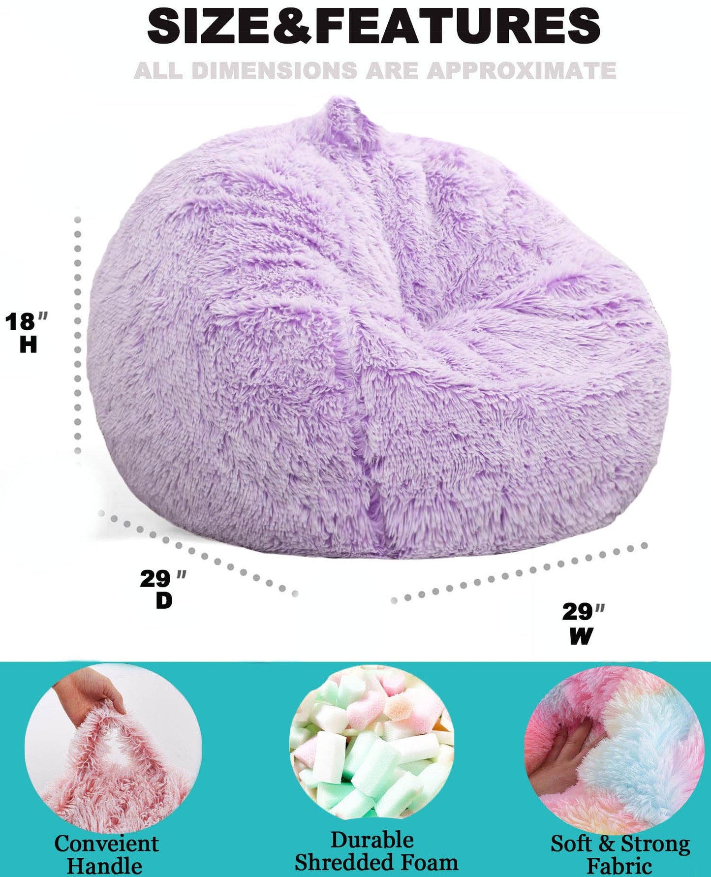 Fluffy Bean Bag Chair for Kids, 2.5FT Round Memory Foam Filled Bean Bag for Teens & Kids, Ultra Soft Faux Fur Fabric Bean Bag Chairs for Playroom, Living Room, Bedroom, Lavender