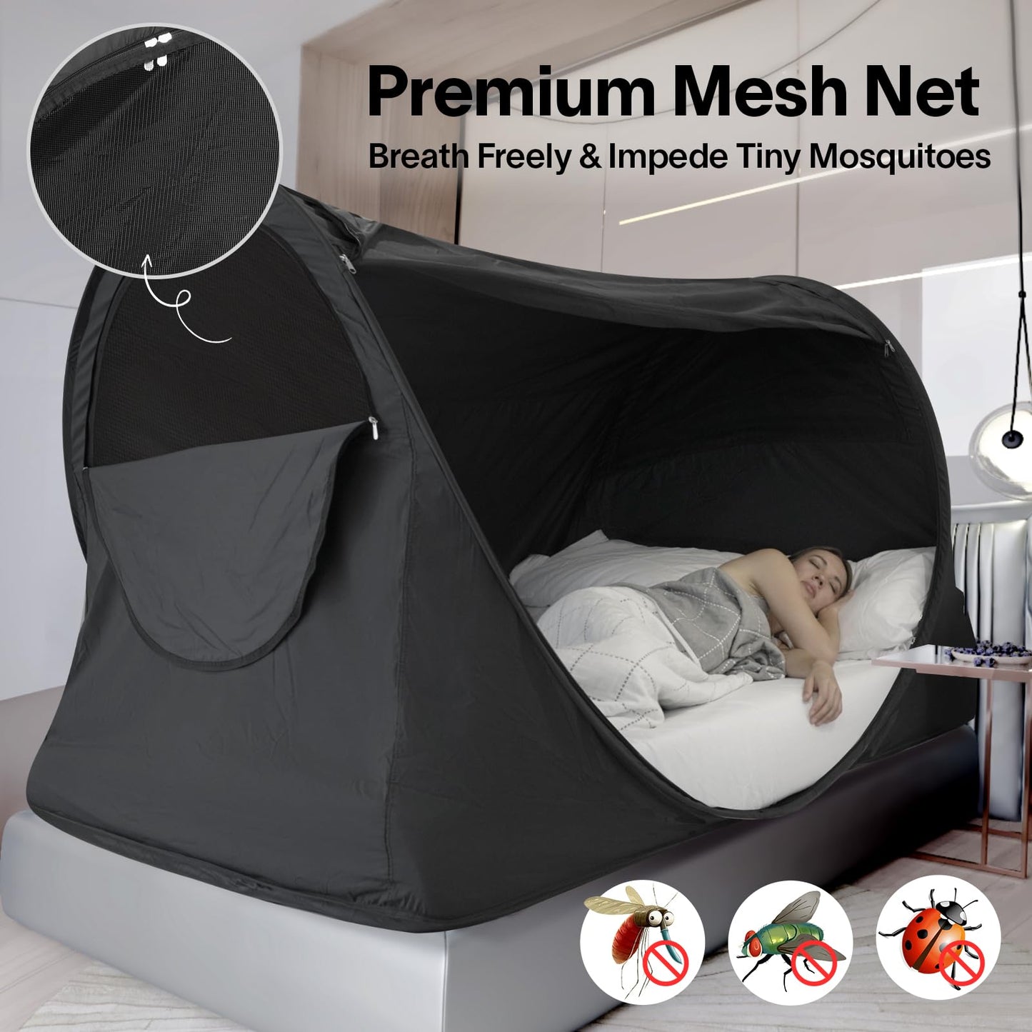 Alvantor Privacy Pop Up Bed Tent for Twin Bed, Easy Setup Blackout and Breathable Mesh Bed Canopy Lightweight Portable Sleep Pod with Carry Bag Dream Tent for Indoor Outdoor Use- Twin/Black