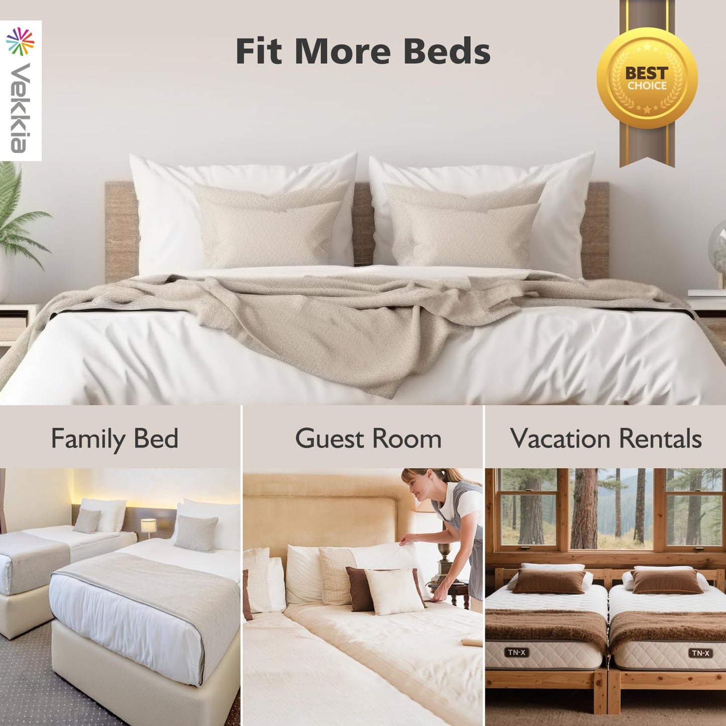 Vekkia 80" x 12" Extra Wide Bed Bridge Twin to King - Split King Gap Filler, High-Density Foam, Washable Cover, Fills Up to 3″ Gap, Fits Family Beds, Guest Room, Hotel & Vacation Rentals
