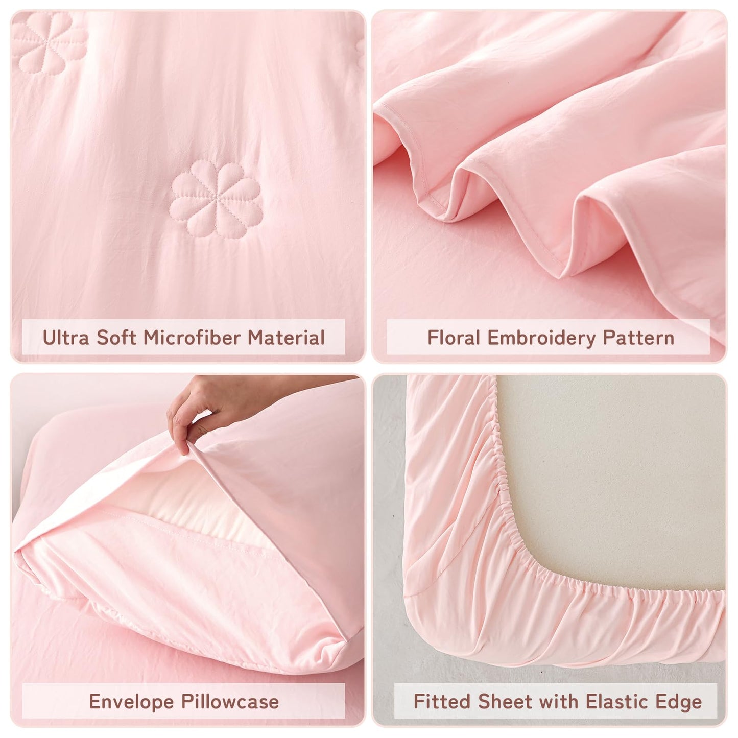 DreLunis Pink Toddler Bedding Sets for Girls, 4 Pieces Soft Microfiber Floral Embroidery Toddler Bed-in-a-Bag Includes Soft Comforter, Flat Sheet, Fitted Sheet, Envelope Pillowcase