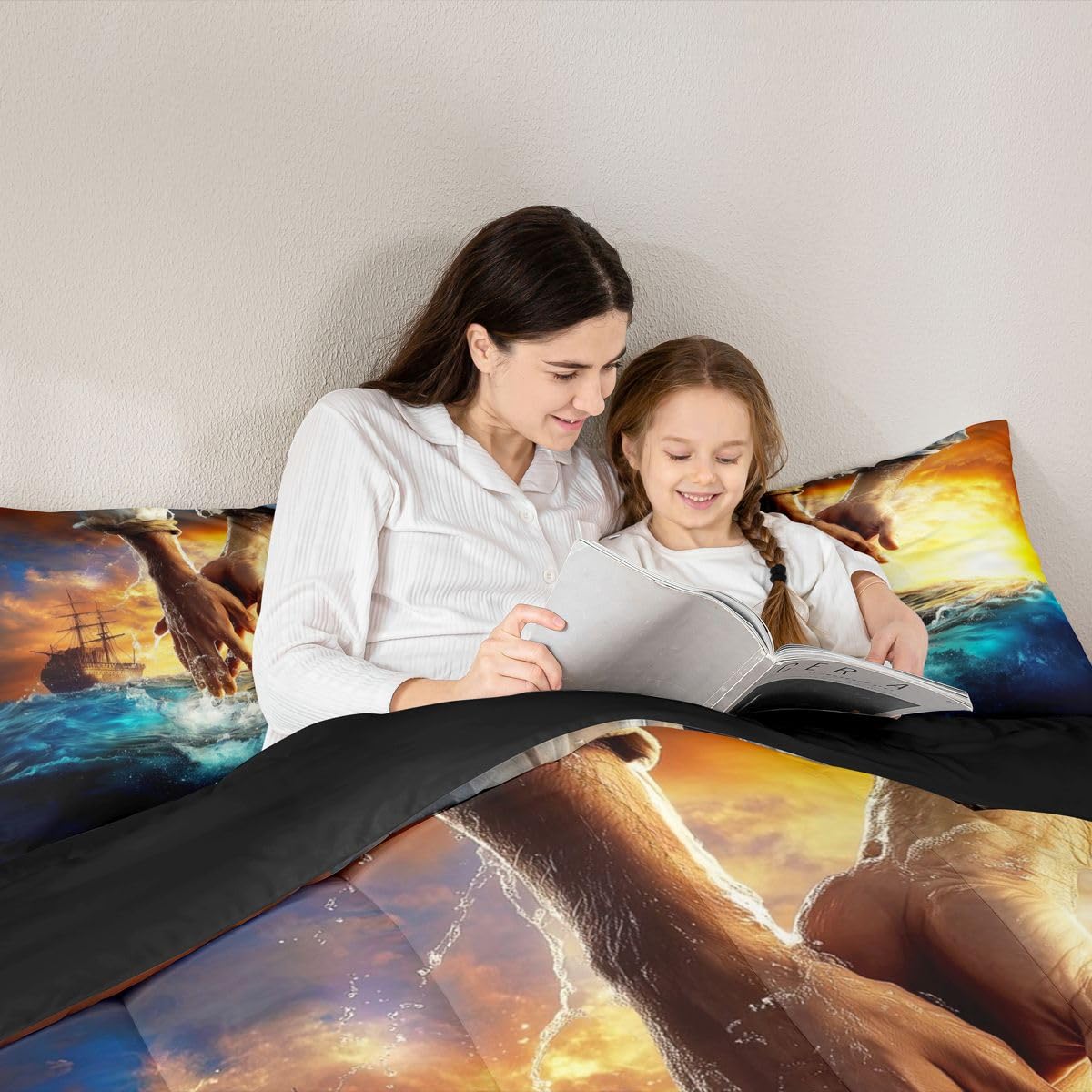 Manfei The Hand of God Girls Bedding Set Twin Size,God Reaching Into Water Comforter Set,Western Blue Ocean Bible Quilt Comforter Girls Boys Teens,Blue Orange Room Decor All Season,1 Pillowcase