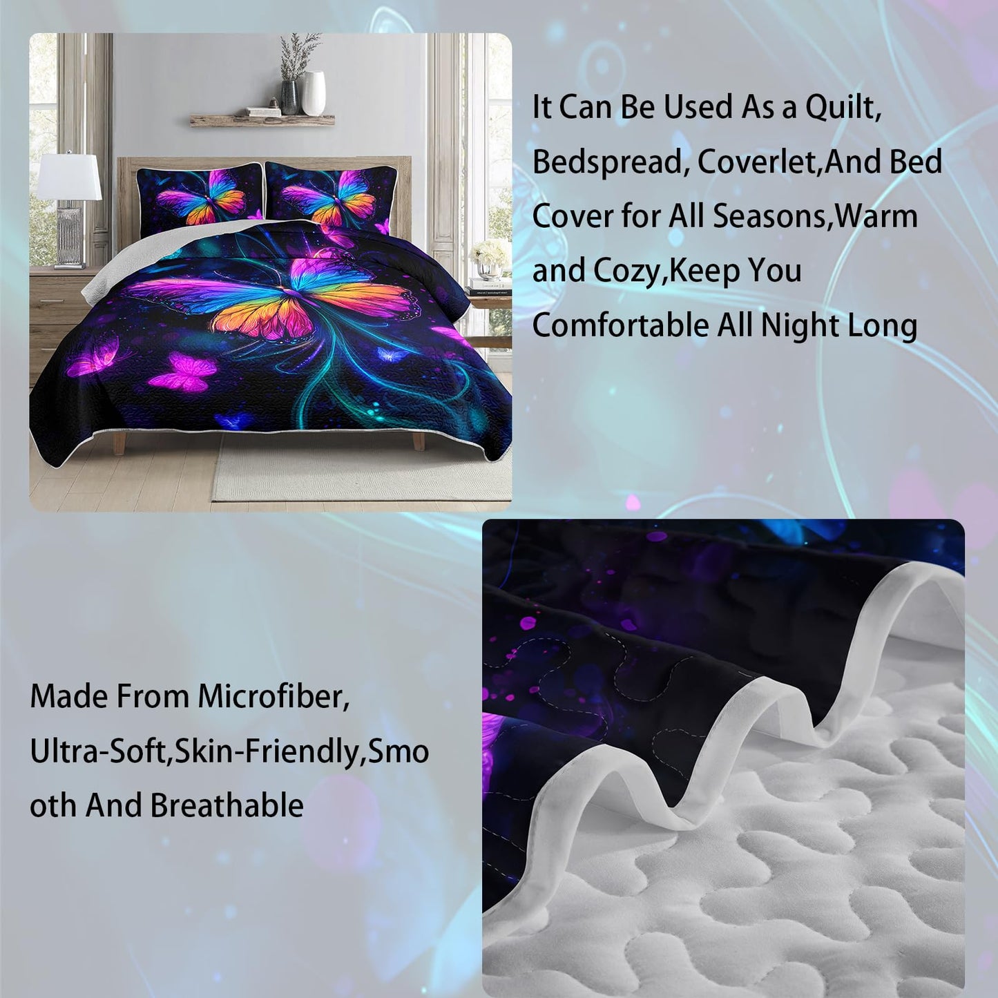 AILONEN 3-Piece Rainbow Butterfly Quilt Set Queen Size - Beautiful Bedspread Fantasy Butterflies Coverlet for Kids Girls Women,Soft Lightweight Quilt,2 Pillowcases