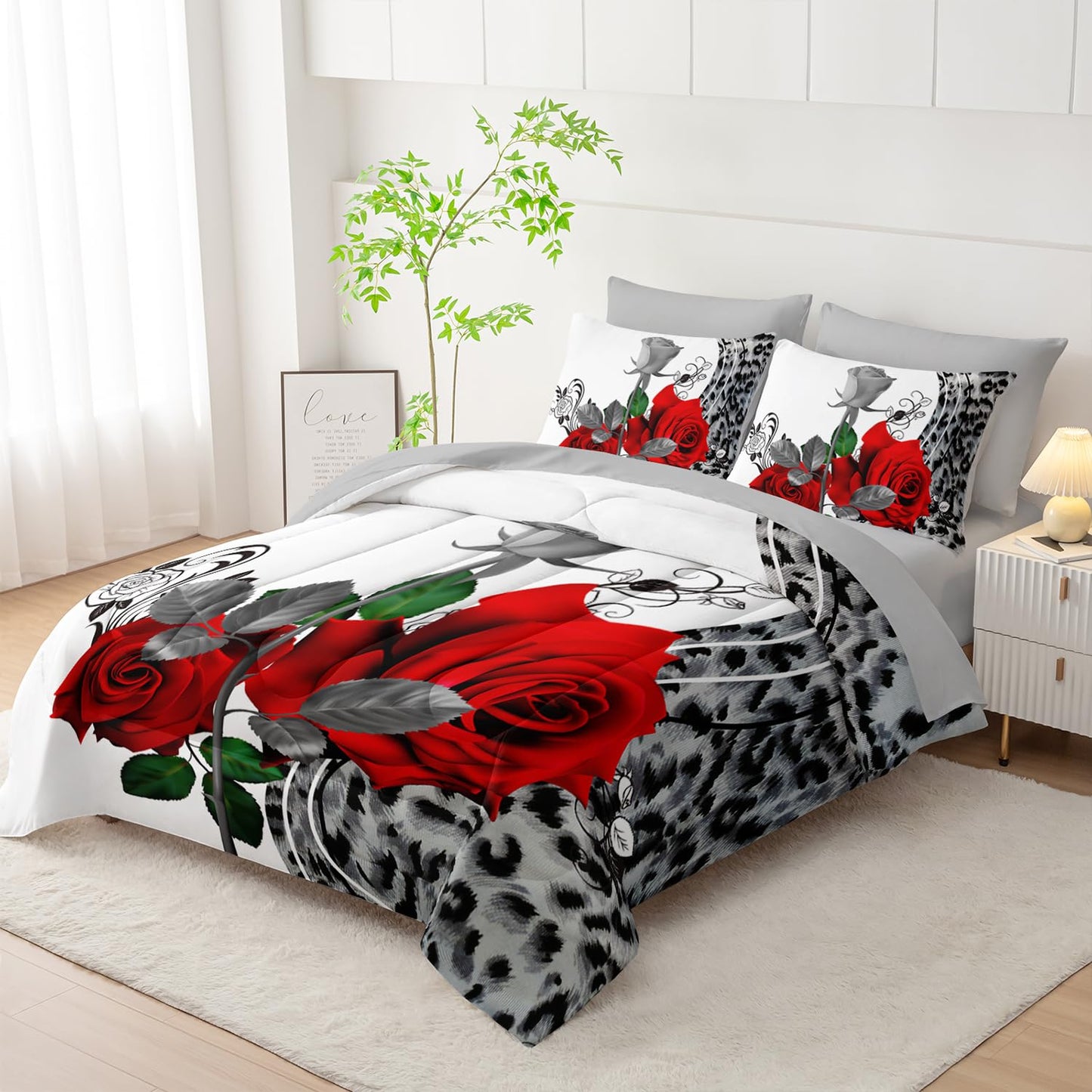 AILONEN Leopard Print Rose Comforter Set for Girls Women Couple Lover,7-Piece Red Rose and Animal Theme Bed in a Bag Full Size,Comforter & Fitted Sheet & Flat Sheet & 2 Pillowcases,Soft Microfiber