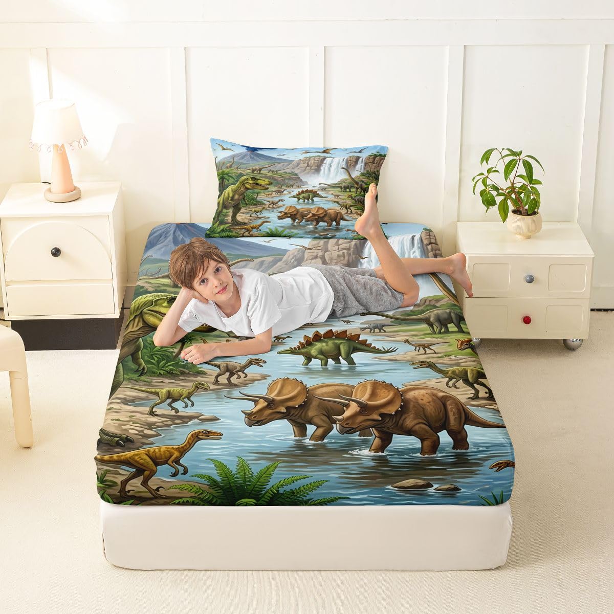 Feelyou Dinosaur Bed Sheets Sets Twin Size Kids Boys Girls 3D Digital Print Bedding Set Jungle Dino Bed Sheet Set with 16-Inch Deep Pockets Wild Animal 3Pcs with 1 Pillow Cases Green Blue and White