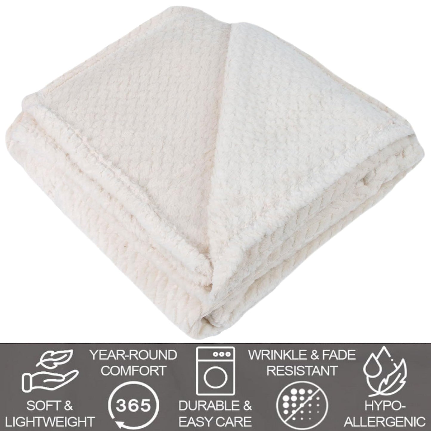Waffle Knit Textured Throw Blanket Soft for Couch, Sofa, Twin Bed, Kids, Adults, 50” x 60” Chenille Knit Blanket, Boho Throw Blanket for Home Decor 250 GSM (Creamy White)