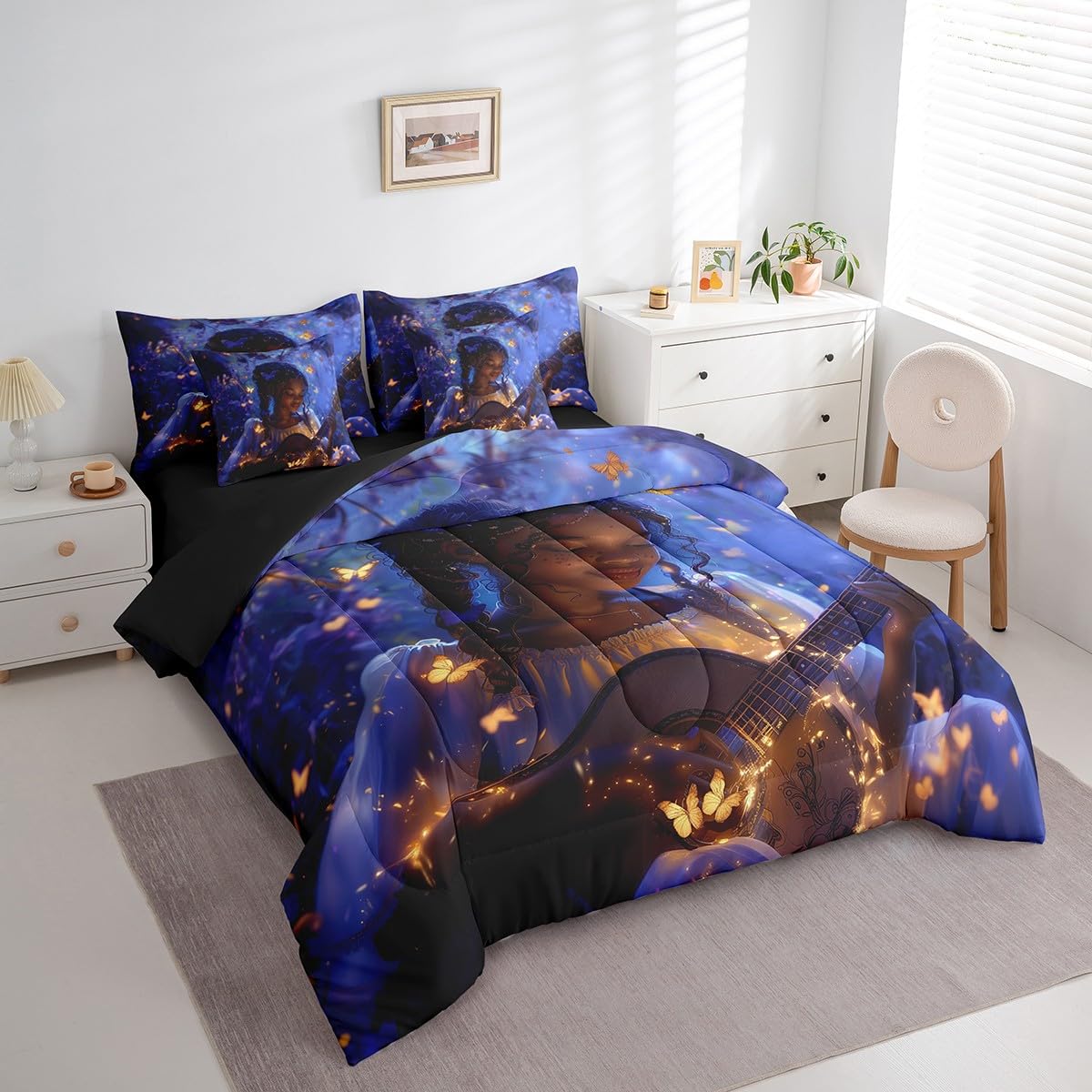 Boho Exotic Girl Comforter Set,Artistic Musical Guitar 7 Piece Bed Set Twin Size for Kids,Jungle Glowing Butterfly Bed in a Bag Bedding Set with Comforter,Sheet Set,Pillowcases,Pillow Covers