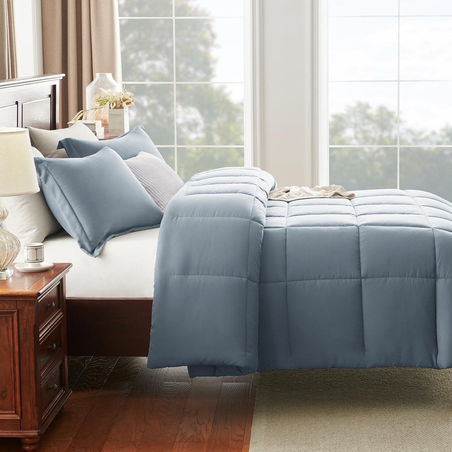 CozyLux Queen Comforter Set - 270GSM Grayish Blue Bedding Sets for All Seasons, 3 Pieces Box Stitched Bed Set with 1 Down Alternative Comforter and 2 Pillow Shams, Soft, Lightweight, Breathable