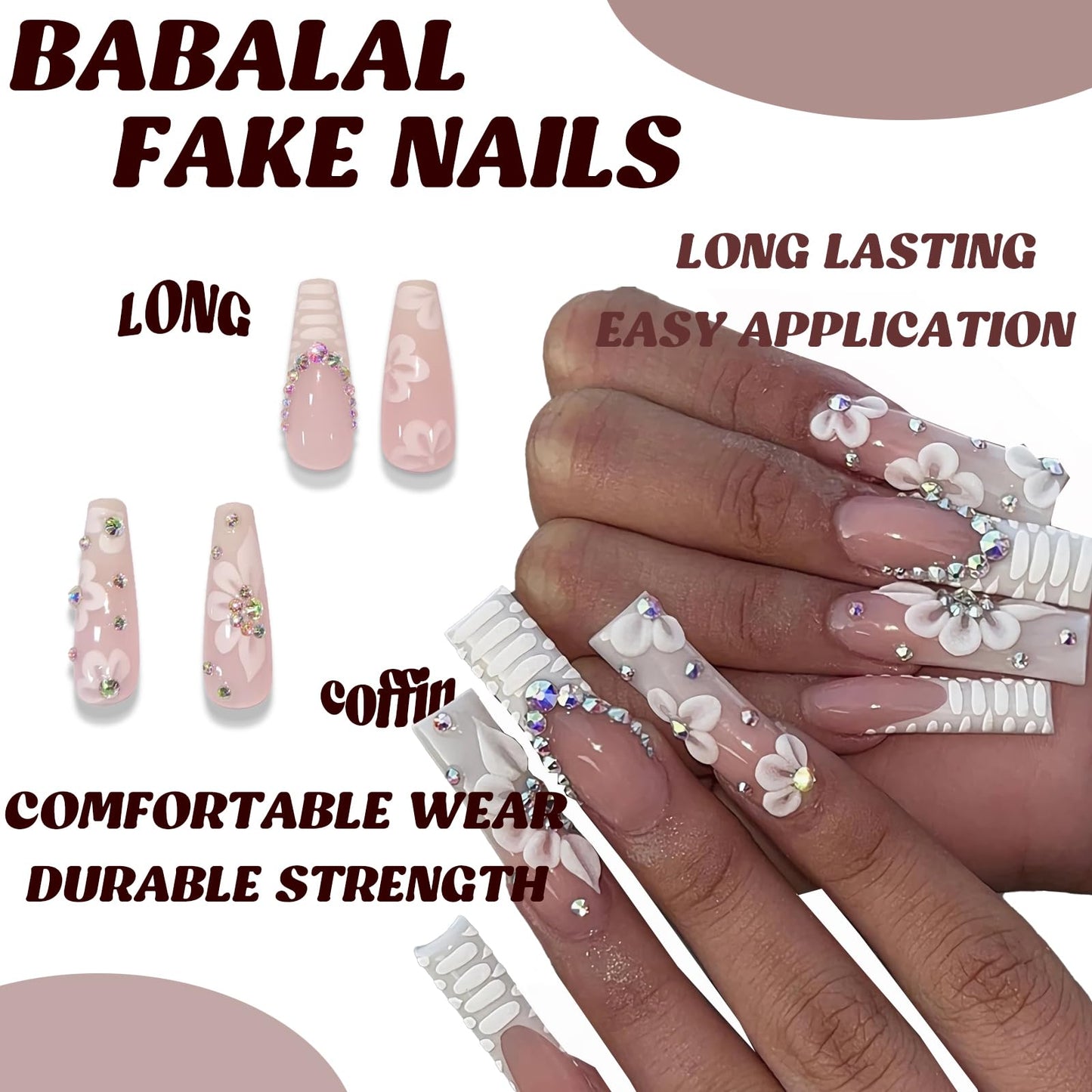 BABALAL Long Coffin Press on Nails - White French Tip Fake Nails Glue on Rhinestone Flower Acrylic Stick on Nail for Women and Girls