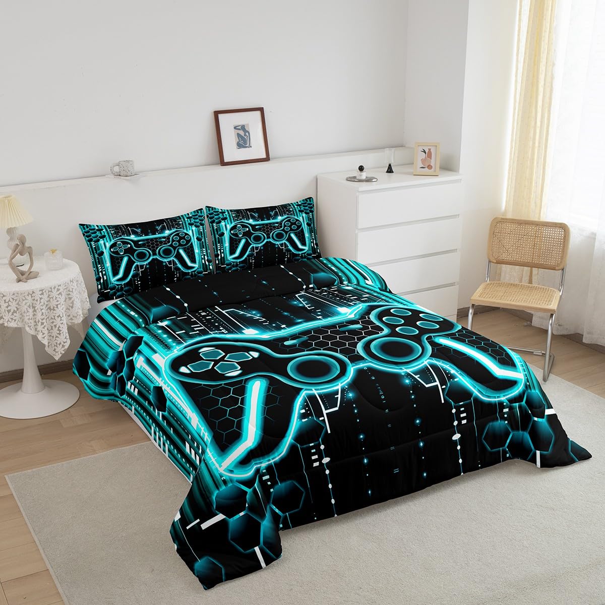 Feelyou Kids Light Blue Black Gamer Comforter Set Full Size, Gaming Comforter Boys Girls Game Bedding Set Gamepad Teens Duvet Set Bedroom Decor with 2 Pillow Case
