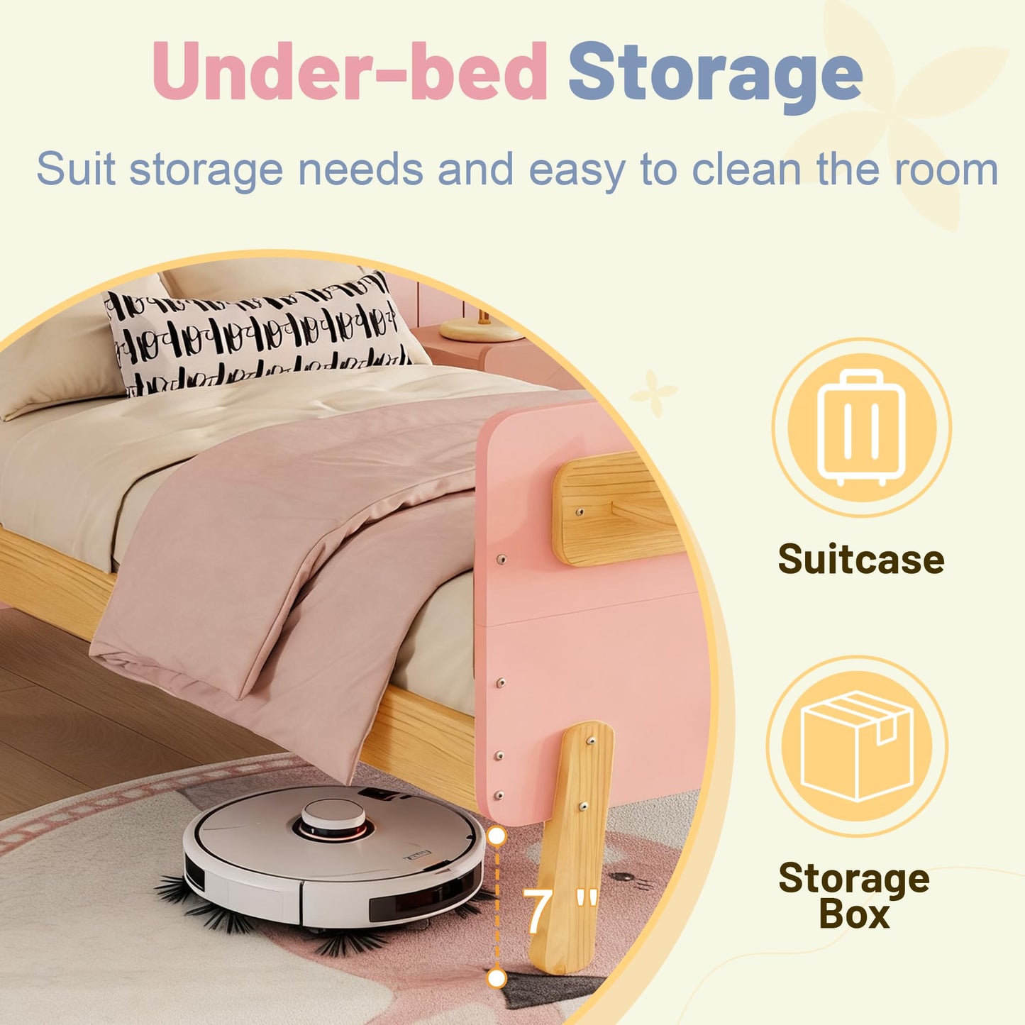 Aurnienofus Full Size Bed Frame with Removable Rails, Montessori Wood Beds with Headboard, Storage Shelf & 2 Hanging Rod, Full Bed Frames Low to Ground for Children Boys Girls, Pink