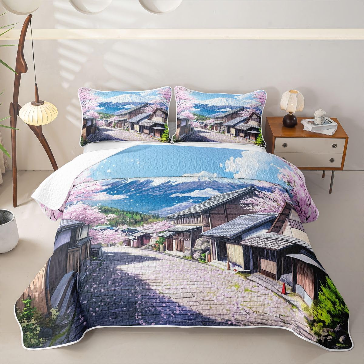 Erosebridal Japanese Ukiyo-E Quilt Twin Size - Watercolor Landscape Bedspread Japanese Cherry Blossom Bed Coverlet with 1 Pillowcase