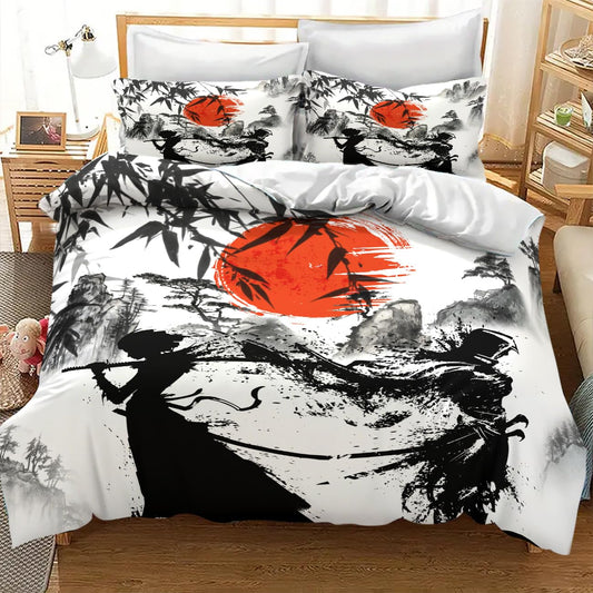 Lnepty Japanese Samurai Bedding Set,Rustic Watercolor Japan Red Sun Mountain Cherry Blossoms Anime Style Comforter Set with Pillowcase for Bedroom Bed Decor,Twin 86"x70"