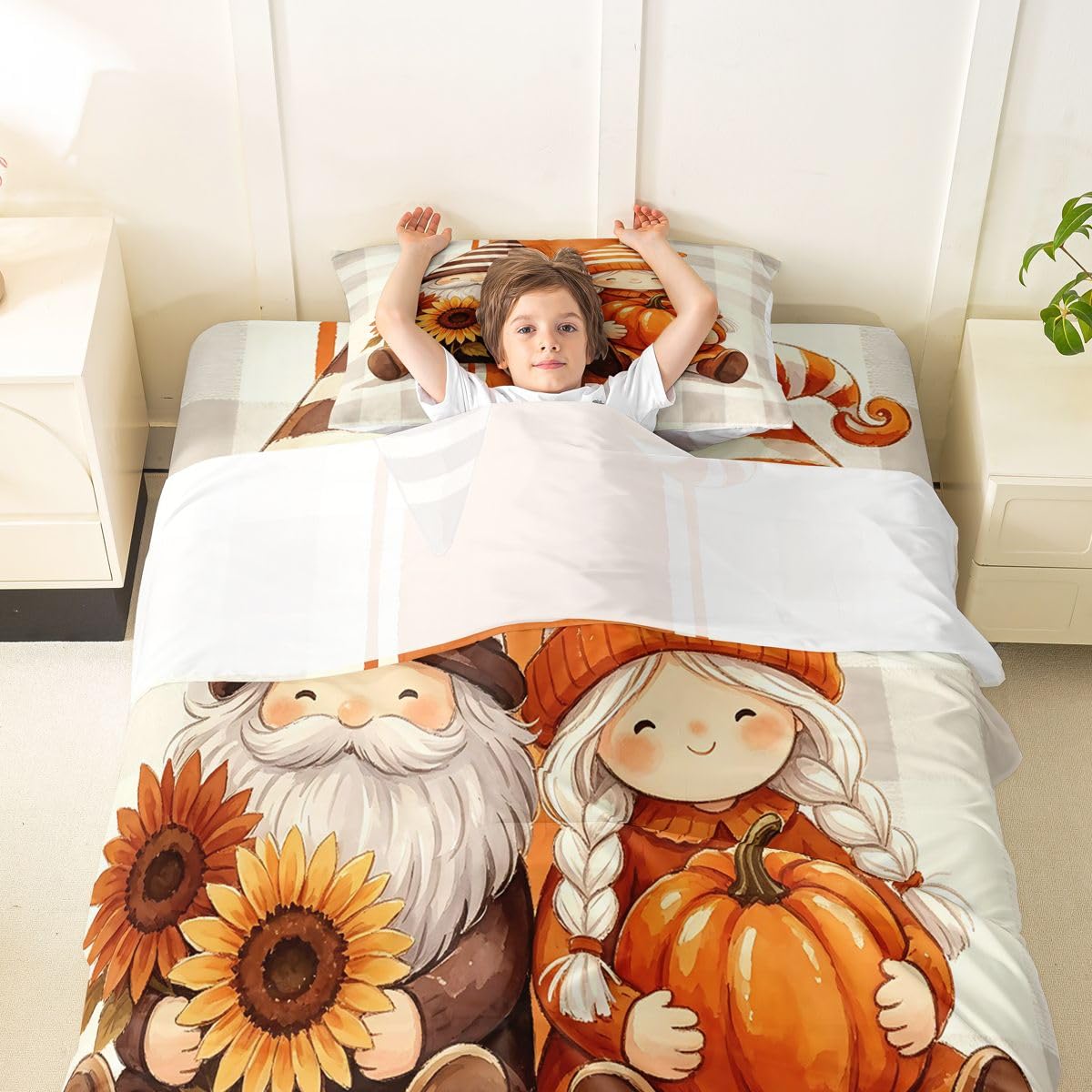Erosebridal Couple Gnome Bed Sheets Twin Size Fall Sunflower Pumpkin Sheet Set Teens Men Women Geometric Stripes Plaid Bedding Set Neutral Cute Whimsical Autumn Sheets