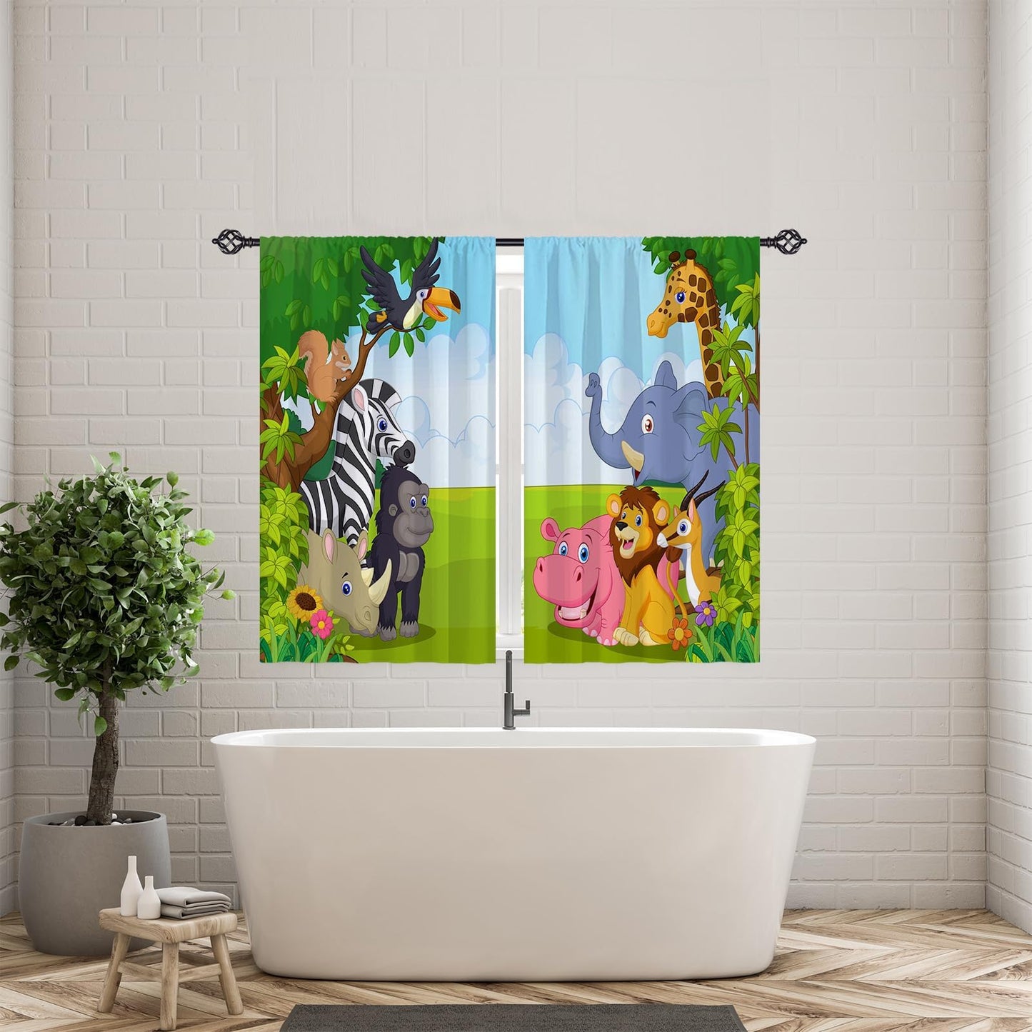 YUANZU Kids Animal Curtains W42 x L63 Inch Rod Pocket Jungle Safari Wildlife Zoo Elephant Giraffe Lion Print Pattern Privacy Fabric Window Drapes for Boys Bedroom Nursery Baby Playroom 2 Panels