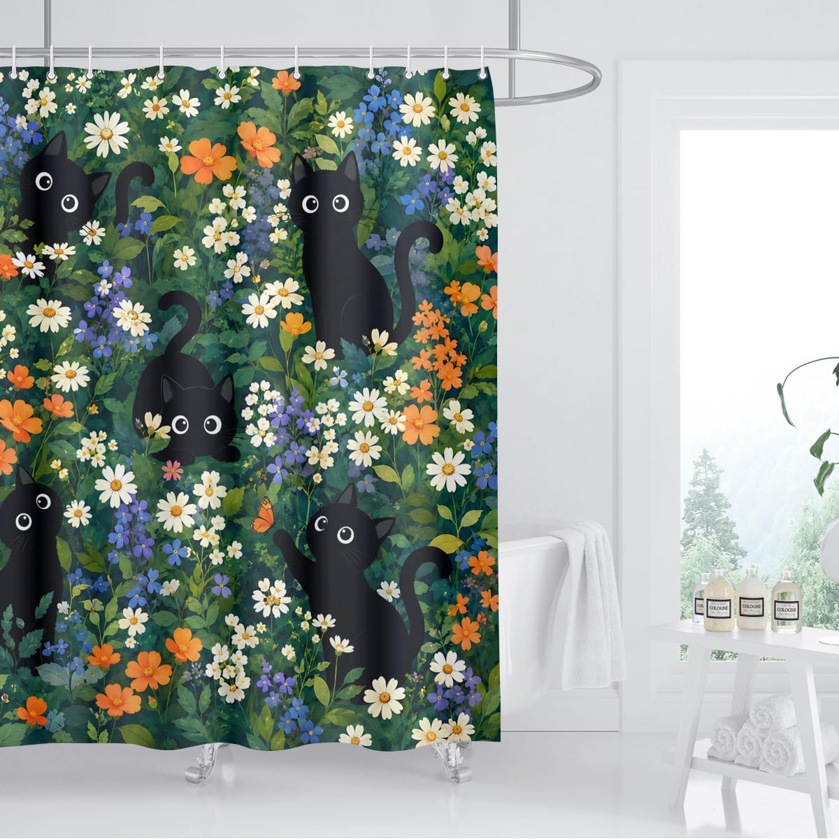 BIYSUC Cute Cat Shower Curtain Funny Boho Floral Daisy Flower Fun Kitten Animal Wildflower Farmhouse Bathroom Waterproof Polyester Fabric 72Lx72W Inch with Hooks