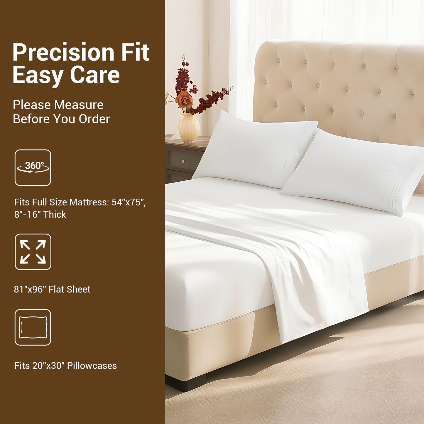 SheRest Full Size Bed Sheet Set 4 Piece - 16 Inch Extra Deep Pocket, Double Brushed Microfiber, Soft & Dry Touch, Stay in Place, Wrinkle Free, Stain & Fade Resistant Bedding - White