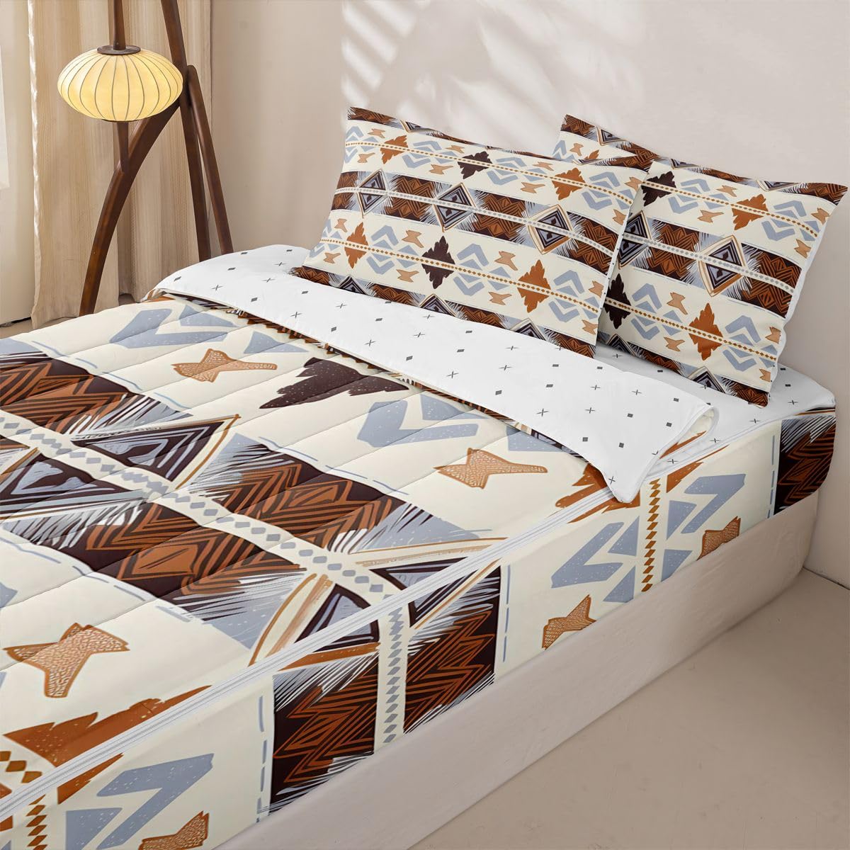 Boho Western Zipper Bedding Set Queen Zip Up Bedding Geometric Aztec Comforter Set with Sheets for Boys Girls,Ethnic Tribal Arrow Diamond Bed in a Bag Navajo Style Southwestern Decor Bed Sets