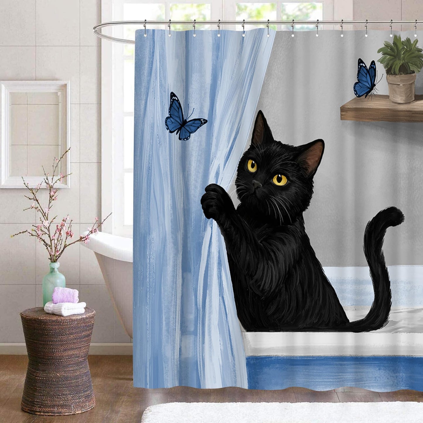 Conipit Cat Shower Curtain Cat with Butterflies Bathroom Curtain, Polyester, 72x72 Inches, Waterproof Bathroom Decor (Blue)